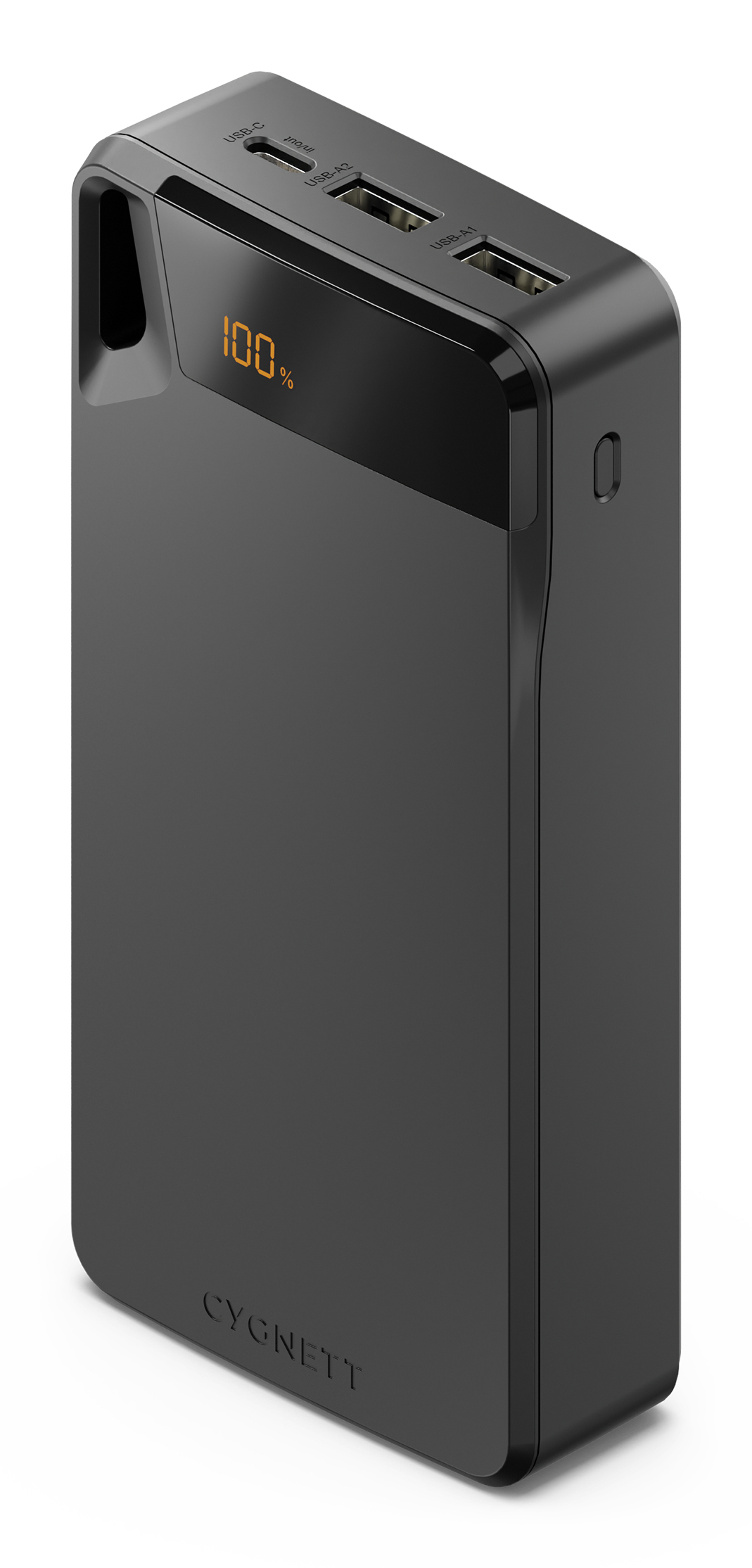 Schwarze Powerbank mit 100%-Anzeige auf weißem Hintergrund.