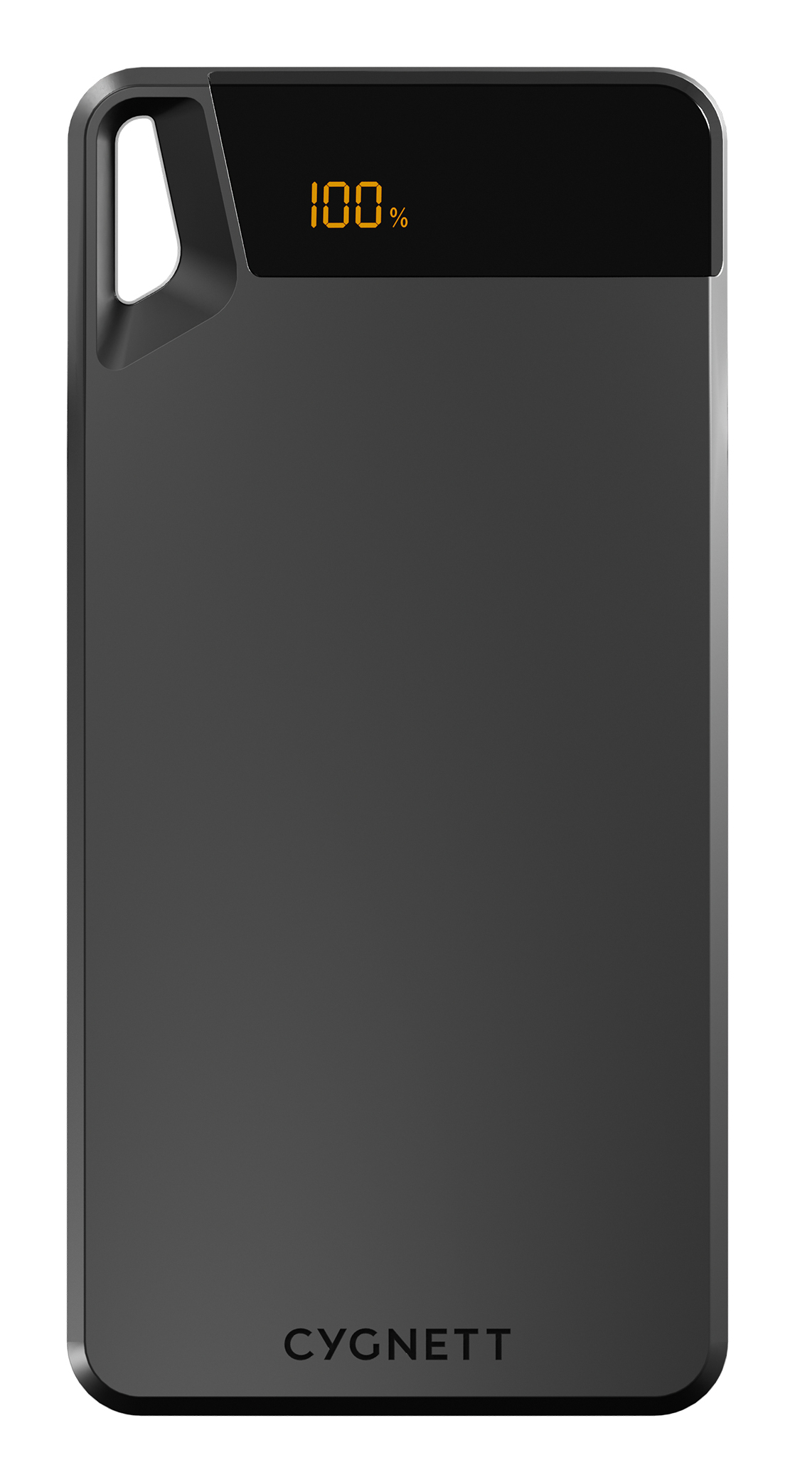 Schwarze Powerbank mit 100%-Anzeige auf weißem Hintergrund.