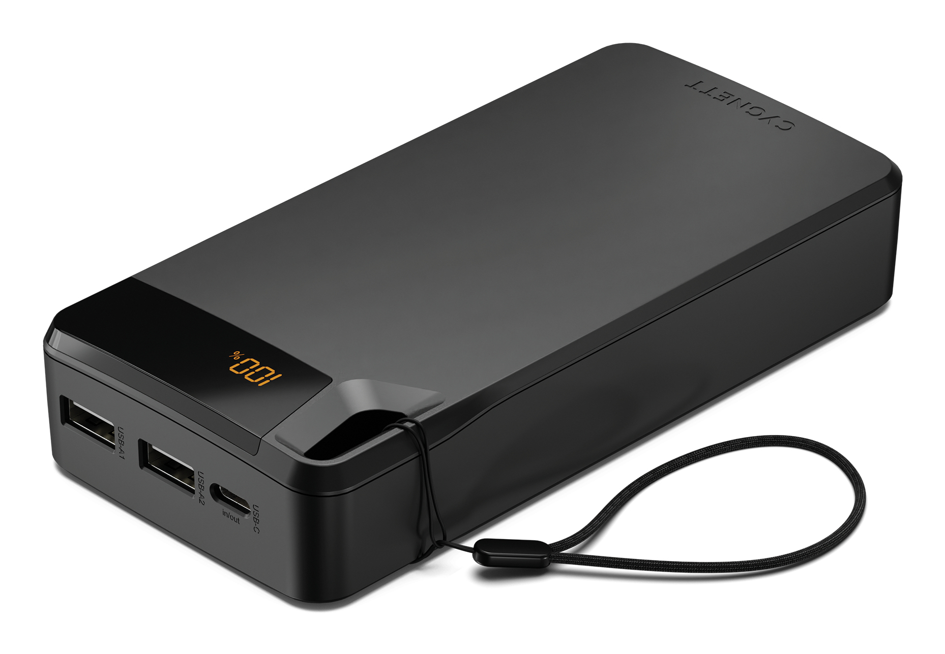 Eine schwarze Cygnett Powerbank, die 100 % Ladung, Anschlüsse und ein Schlüsselband anzeigt.