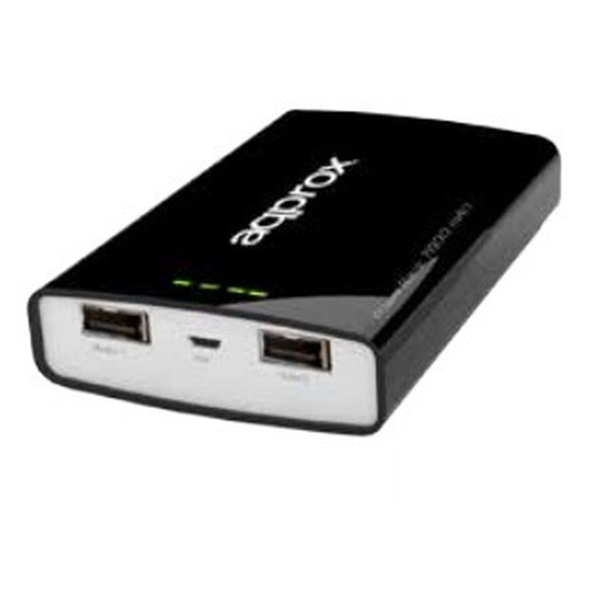 Schwarze Powerbank mit zwei USB-Anschlüssen, einem Micro-USB-Anschluss und vier grünen LED-Leuchten.