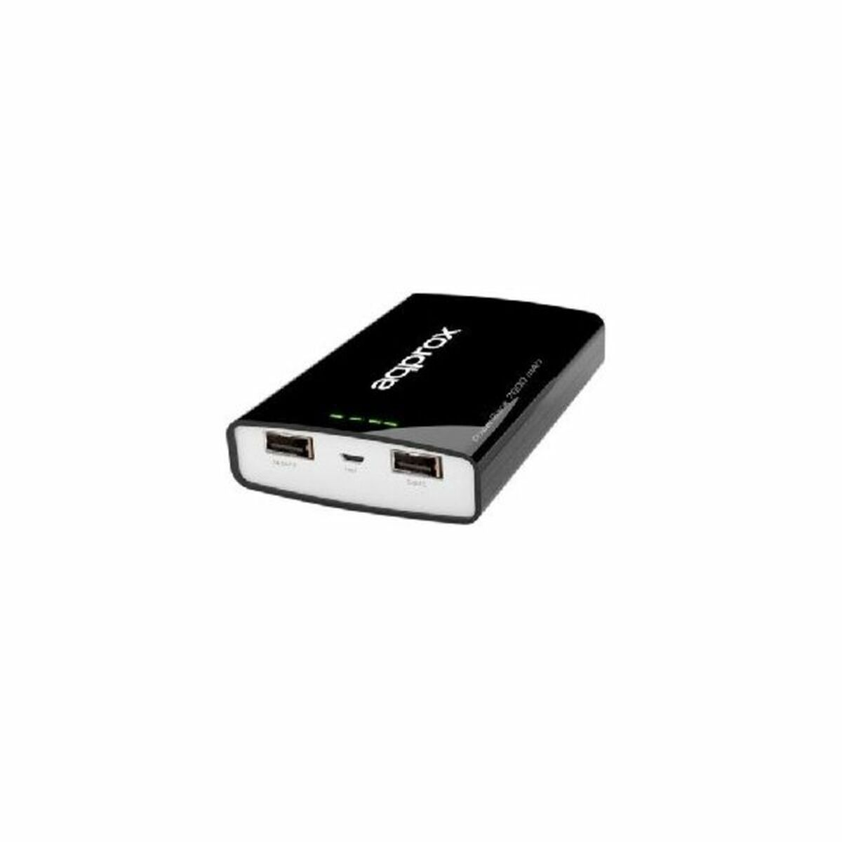 Schwarze Powerbank mit zwei USB-Anschlüssen, einem Micro-USB-Anschluss und dem Markennamen „aprox“.