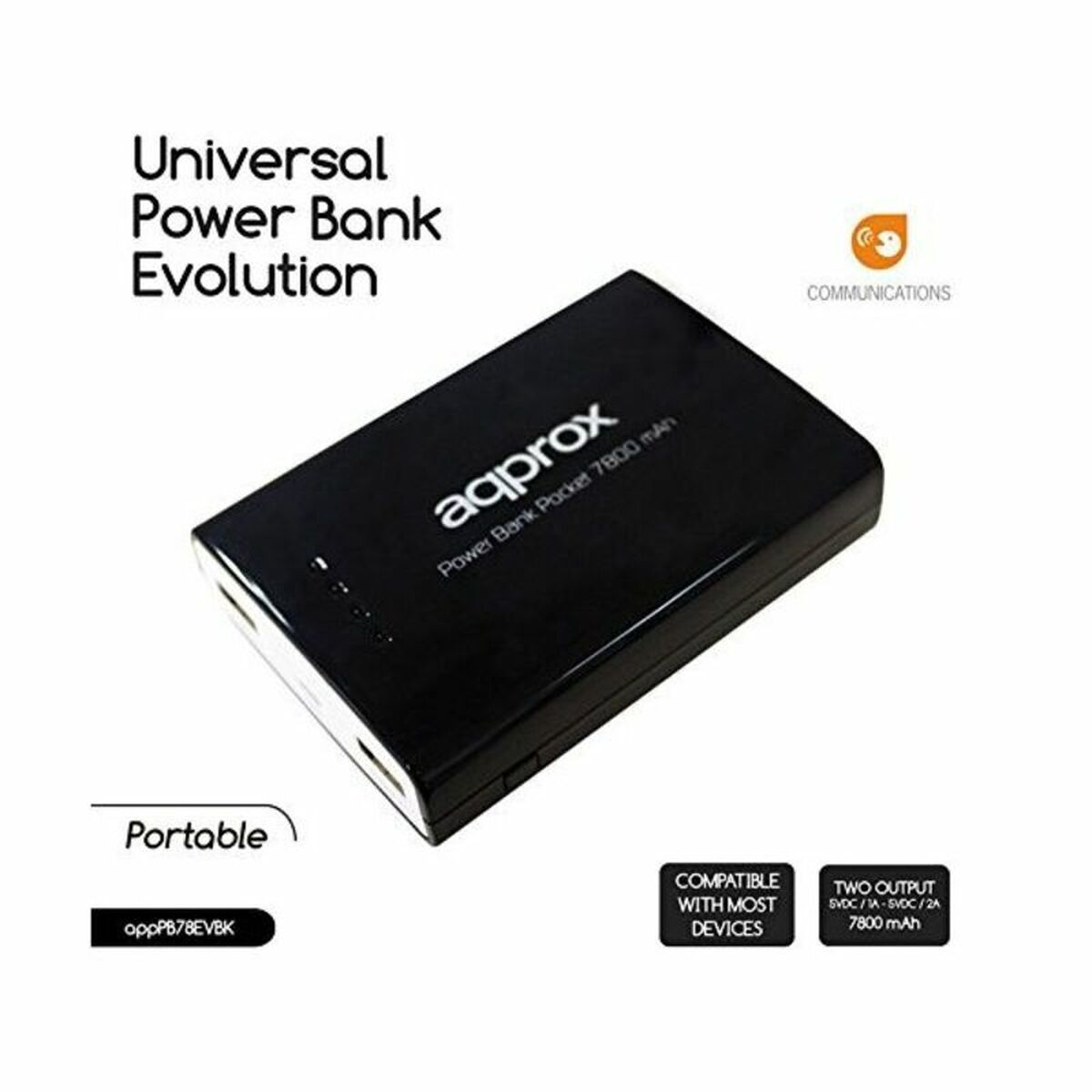 Schwarze Powerbank mit zwei USB-Anschlüssen, einem Micro-USB-Anschluss und dem Markennamen „aprox“.