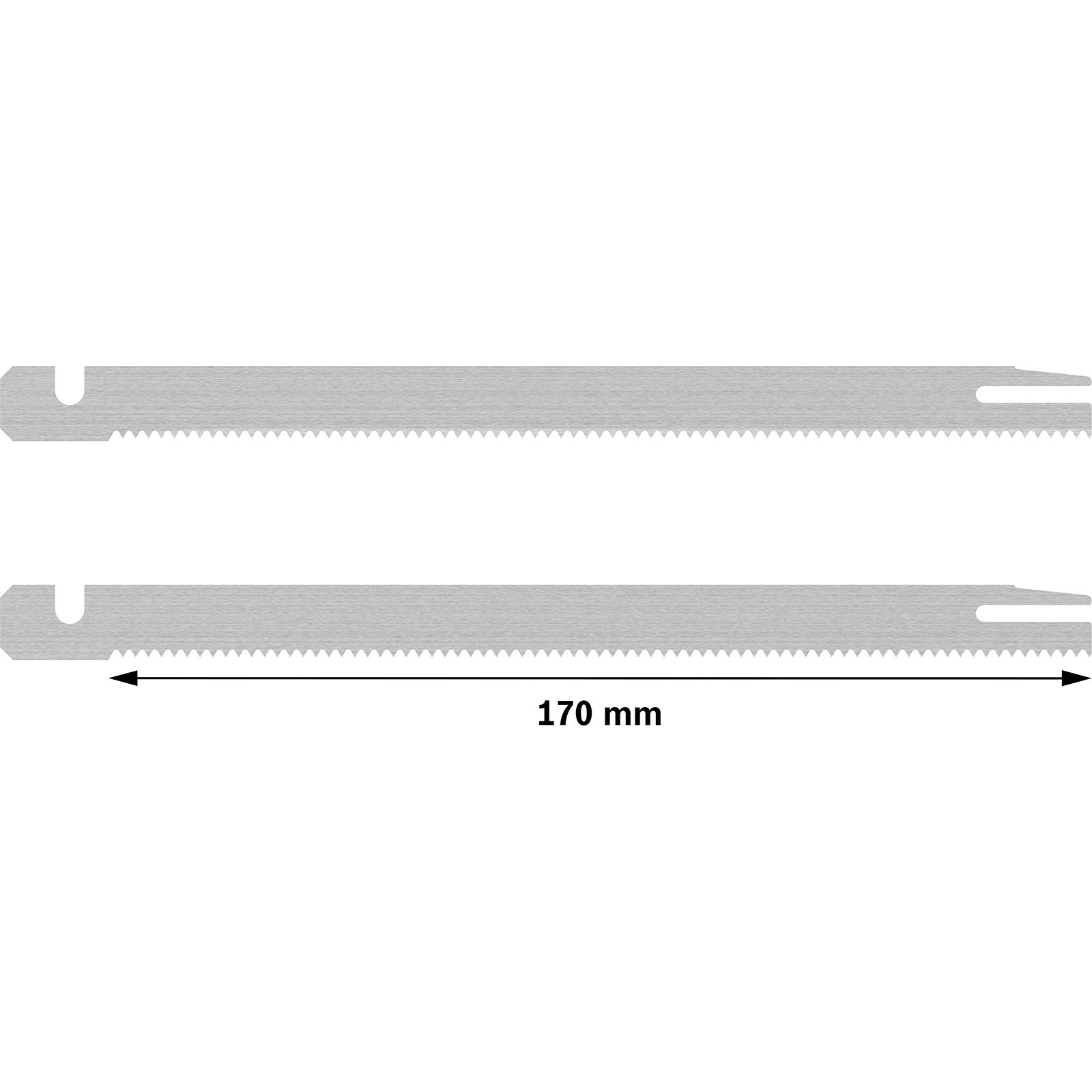 Zwei silberne Sägeblätter mit Zähnen. Die Messbeschriftung lautet 170 mm.