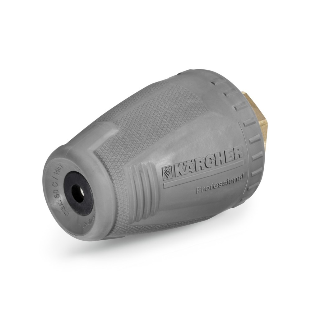 Un ugello grigio per idropulitrice Karcher. Ha un'apertura nera e del testo.