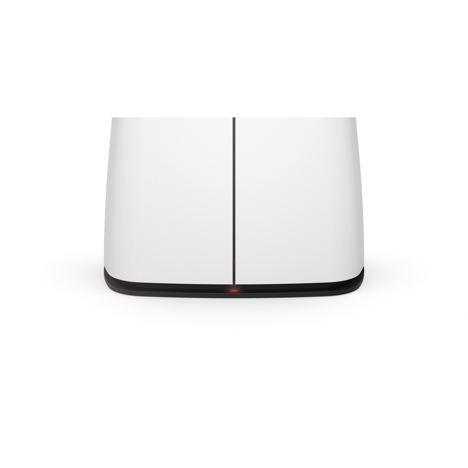 Een witte, moderne luchtreiniger met een zwarte basis en een rood licht. De achtergrond is wit.