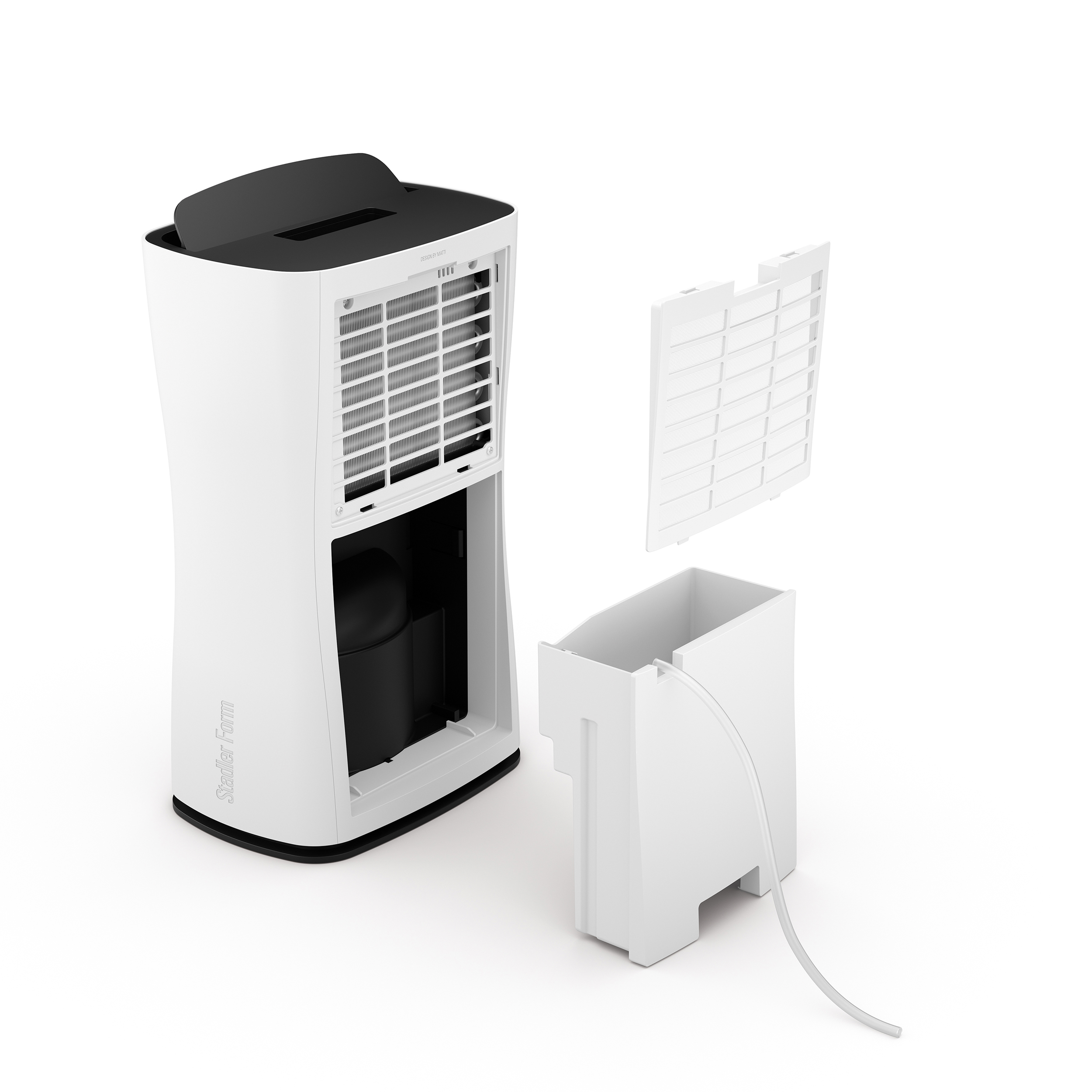 Een witte luchtreiniger gedemonteerd, met een filter en een watertank ernaast op een wit oppervlak.