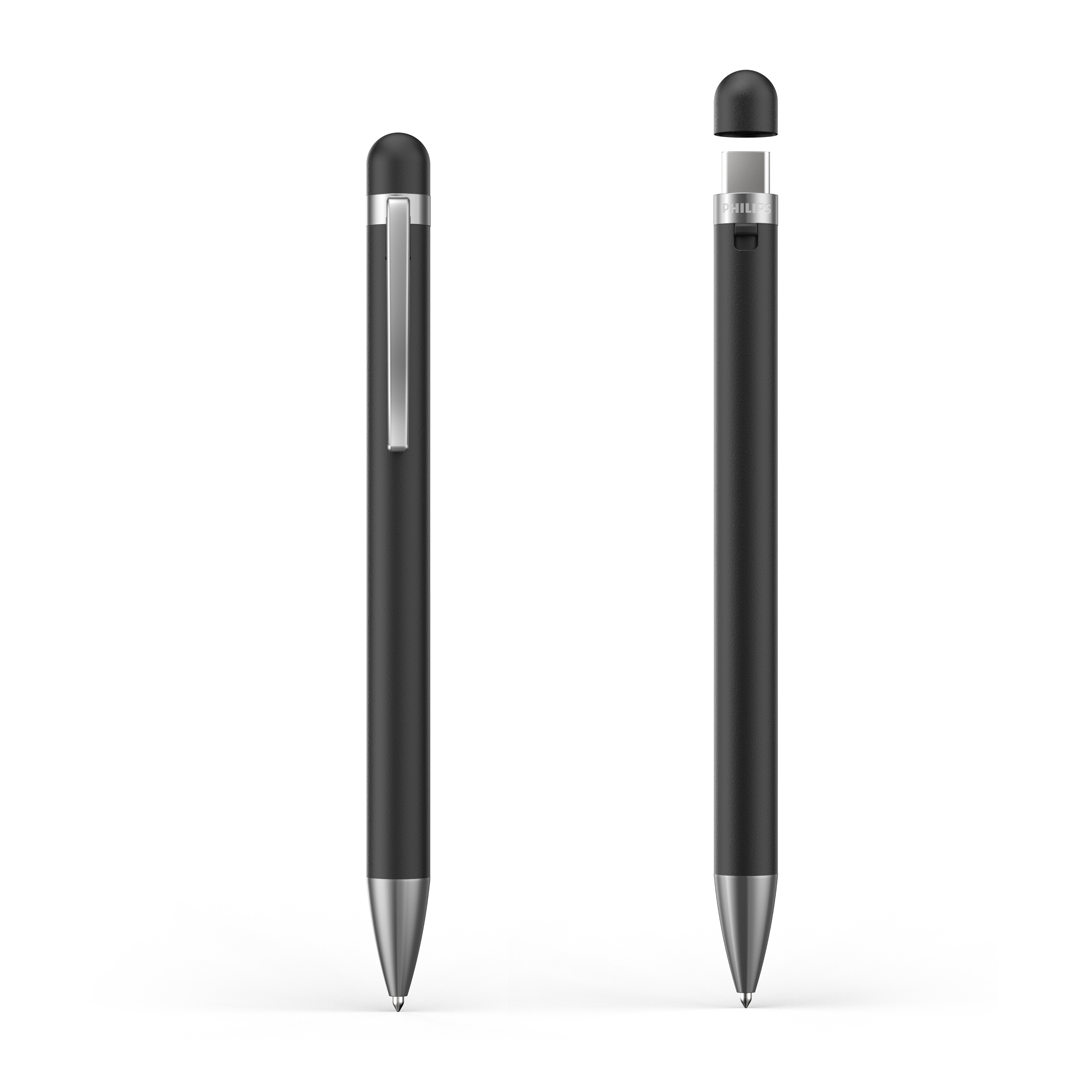 Due stilo neri su sfondo bianco. Uno con clip argento, l'altro con cappuccio rimosso che mostra un connettore USB-C.