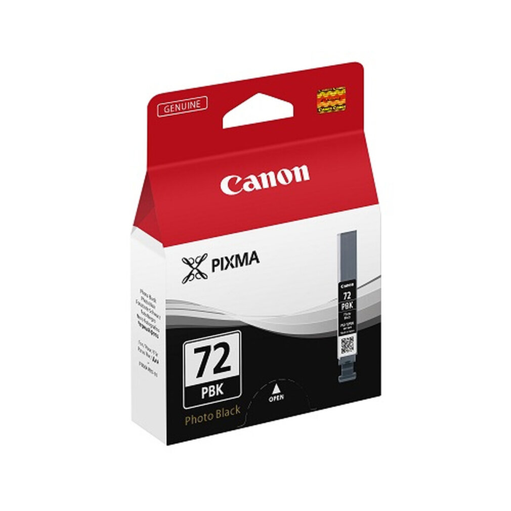 Kırmızı ve beyaz kutuda Canon Pixma 72 PBK fotoğraf siyahı mürekkep kartuşu.