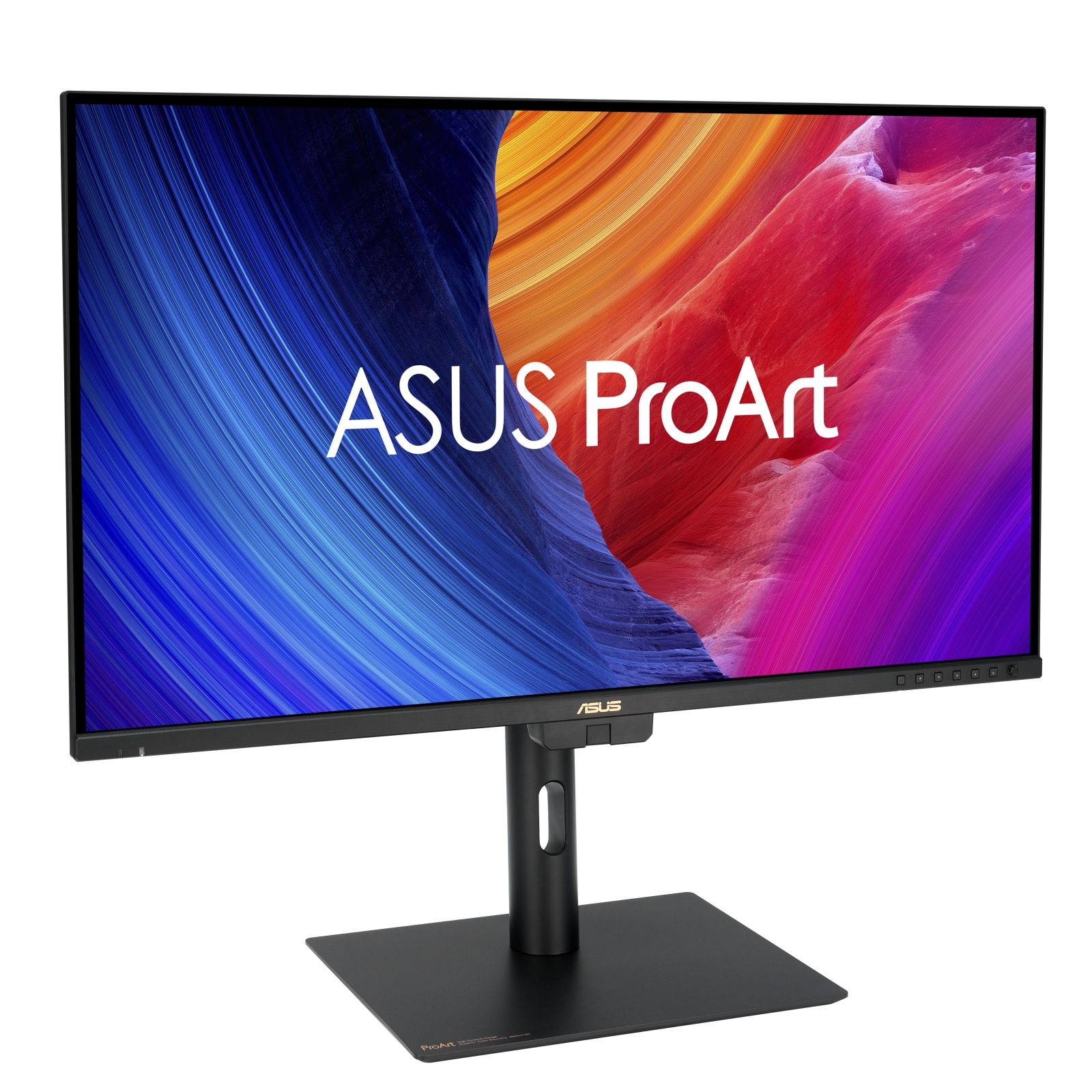 Monitor ASUS ProArt z kolorowym ekranem, czarnym stojakiem i podstawą.