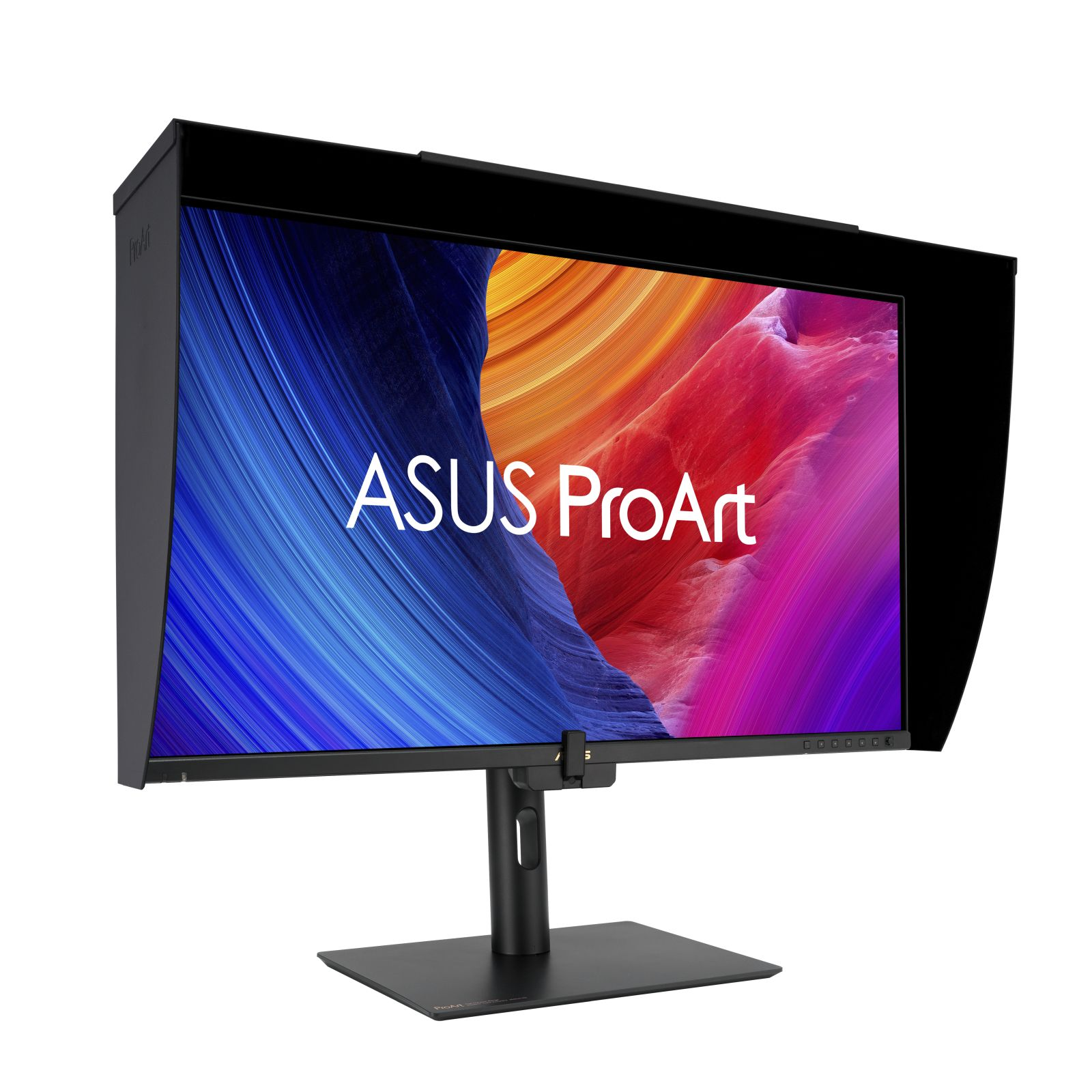 Monitor ASUS ProArt z czarną osłoną. Ekran wyświetla abstrakcyjne kolory. Monitor stoi na stojaku.