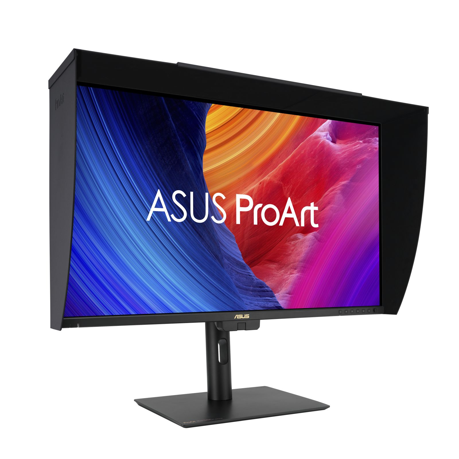 Monitor ASUS ProArt z czarną osłoną, kolorowy obraz, na czarnym stojaku, na białym tle.