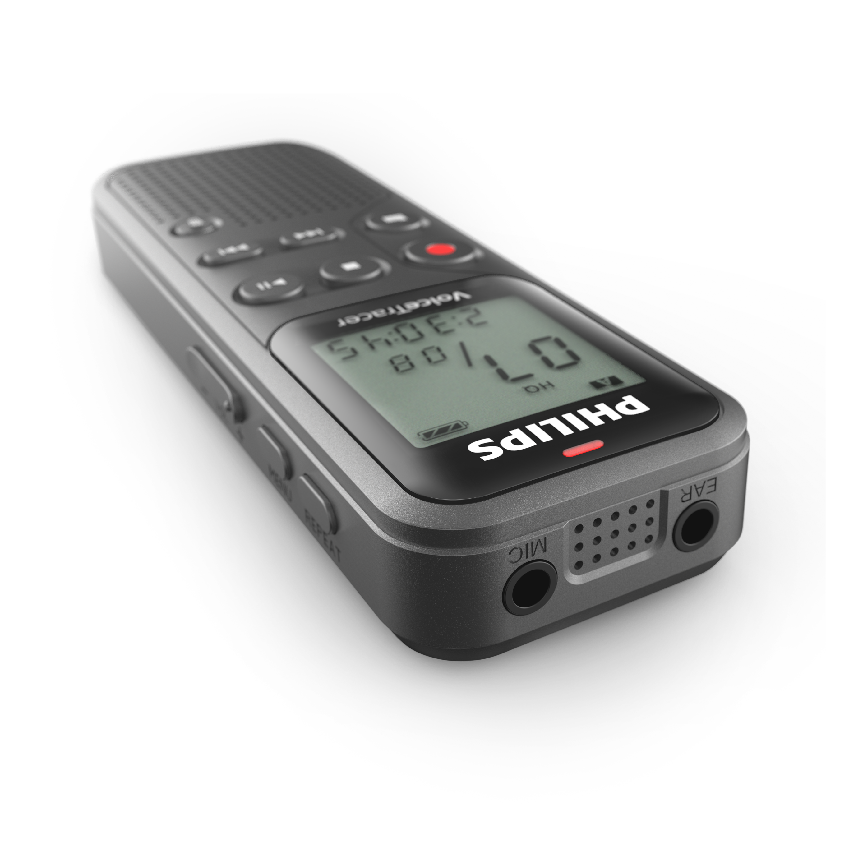 Registratore audio Philips VoiceTracer nero con display, pulsanti e porte. Sfondo bianco.