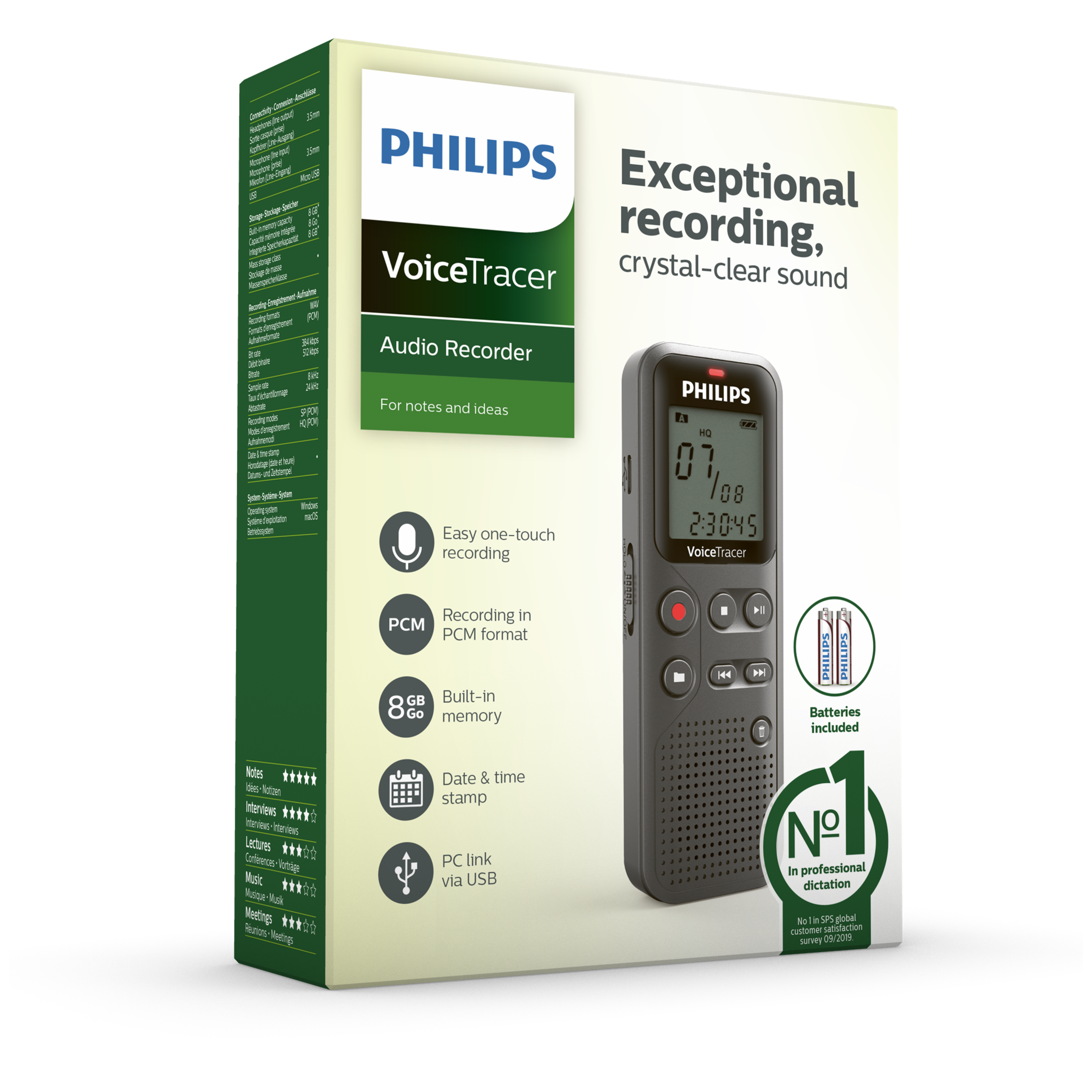 Registratore audio Philips VoiceTracer in una scatola con funzioni, icone e il prodotto. Sfondo bianco.