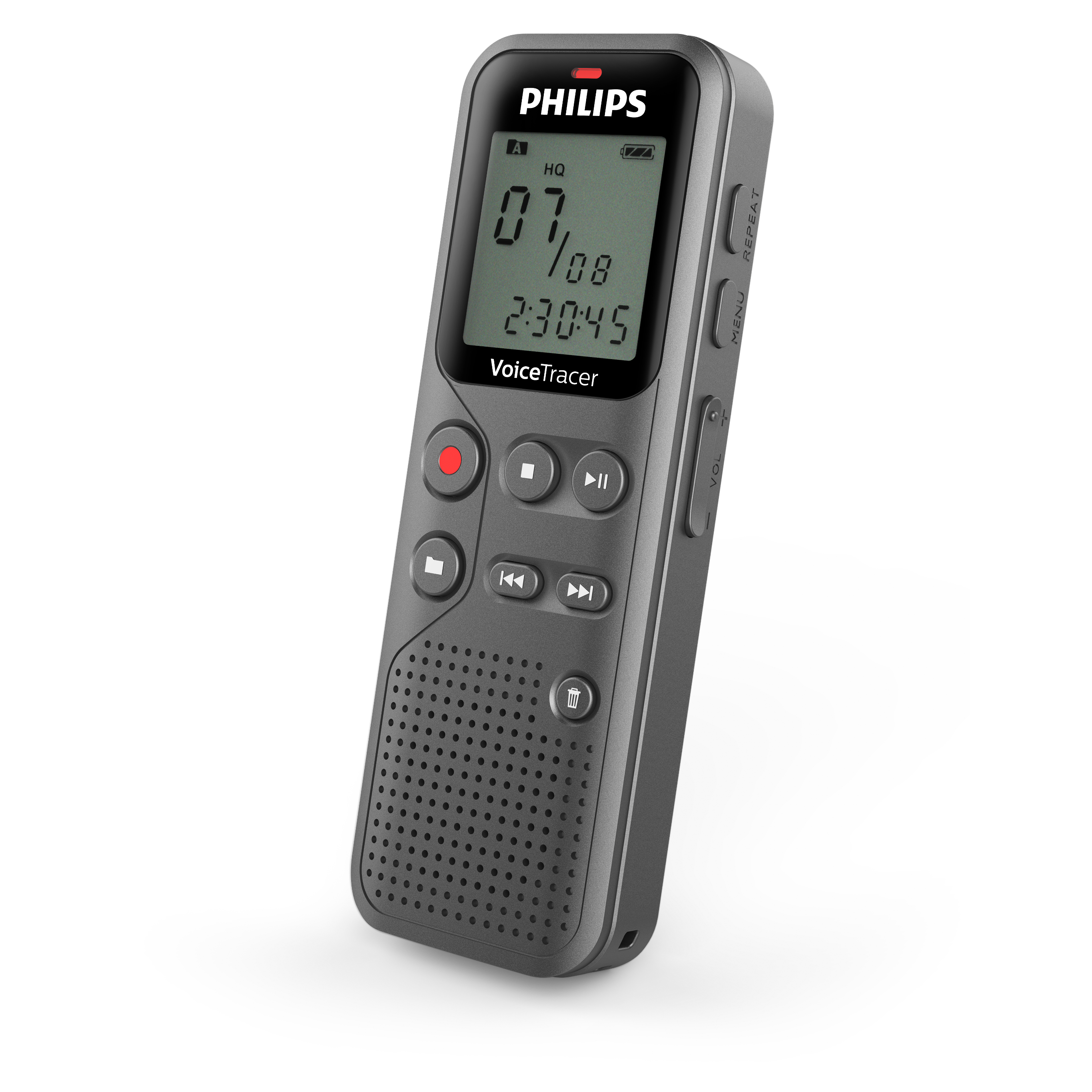 Registratore audio Philips VoiceTracer grigio con pulsanti e display, che mostra le funzioni. Sfondo bianco.