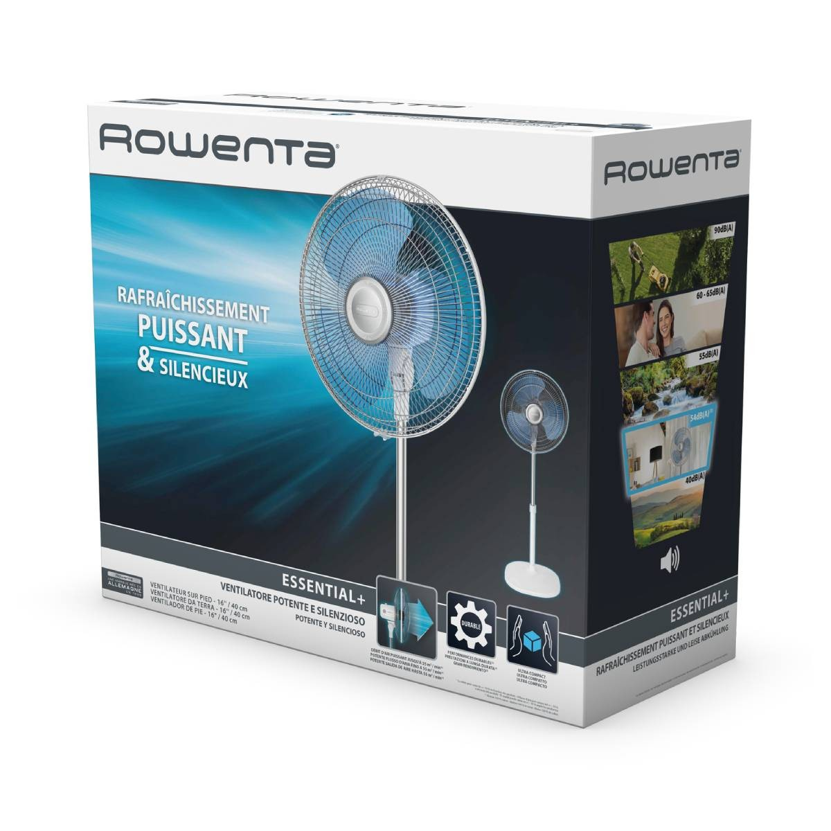 Pudełko wentylatora Rowenta ze zdjęciem wentylatora, tekstem po francusku.