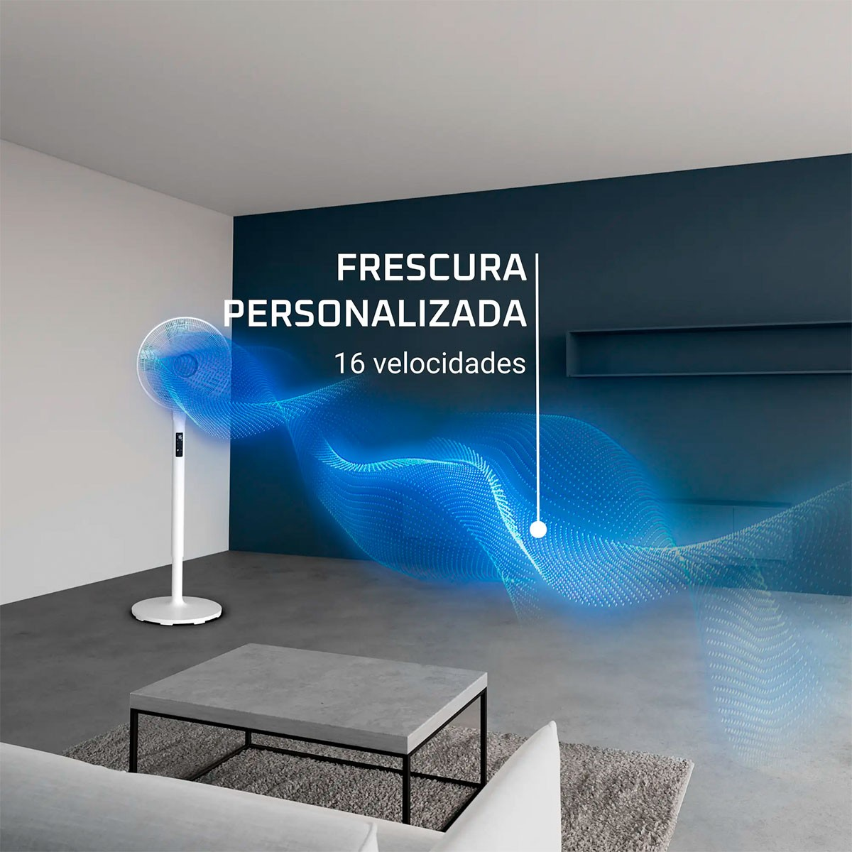 Ventilador blanco en habitación moderna. Texto: 'Frescura Personalizada 16 velocidades'. Gráfico de aire azul.