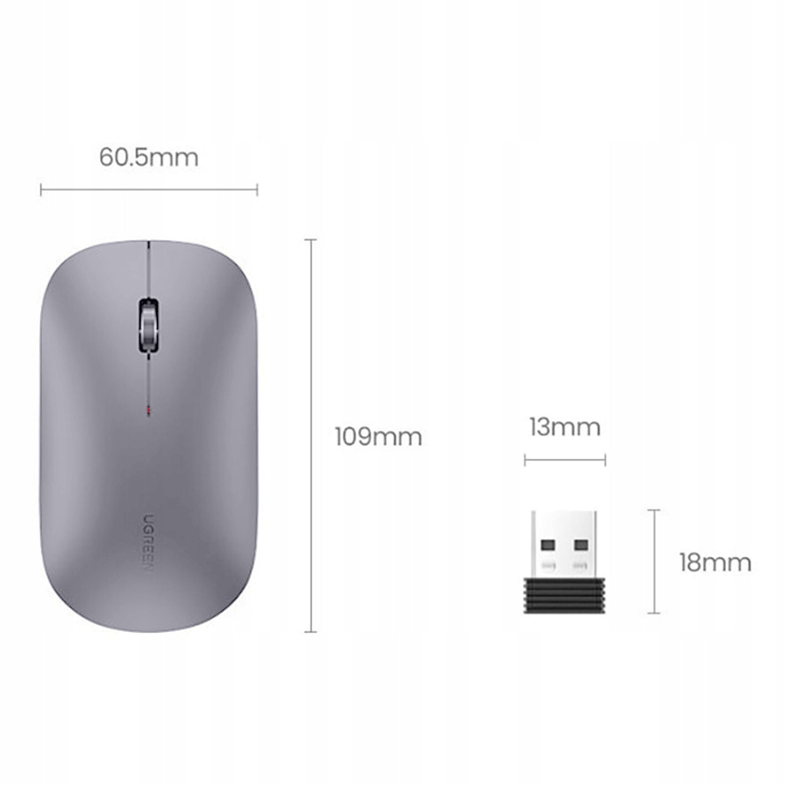 Eine graue UGREEN-Maus, Draufsicht, mit den Maßen: 60,5 mm Breite, 109 mm Länge, 13 mm Höhe für den Dongle.