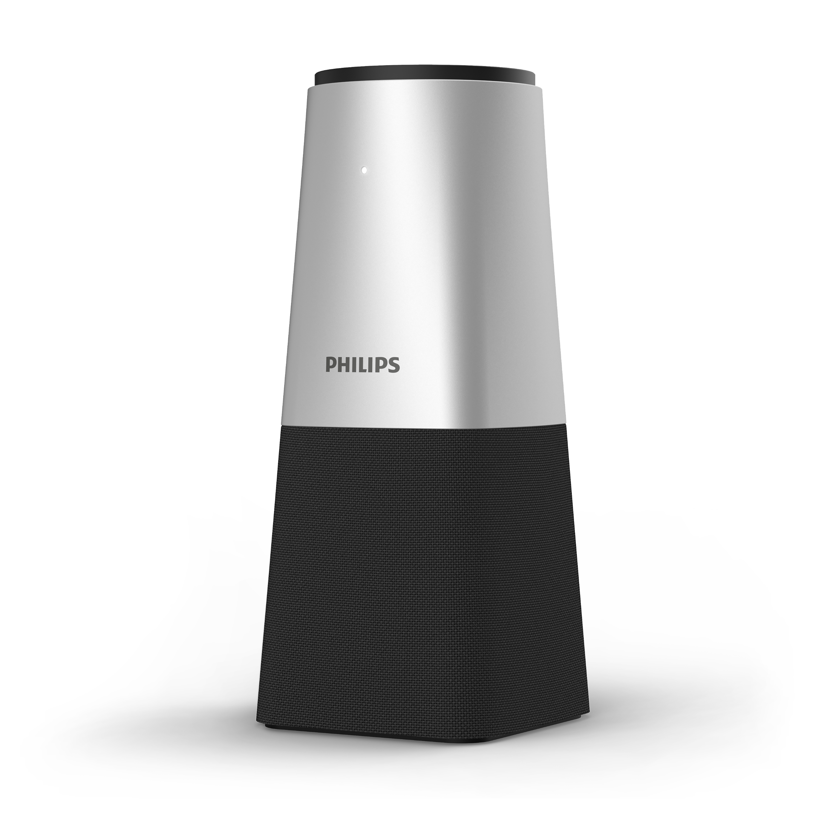 Un altoparlante Philips nero e argento. La parte superiore è argentata, la parte inferiore è in tessuto nero. Ha forma conica.