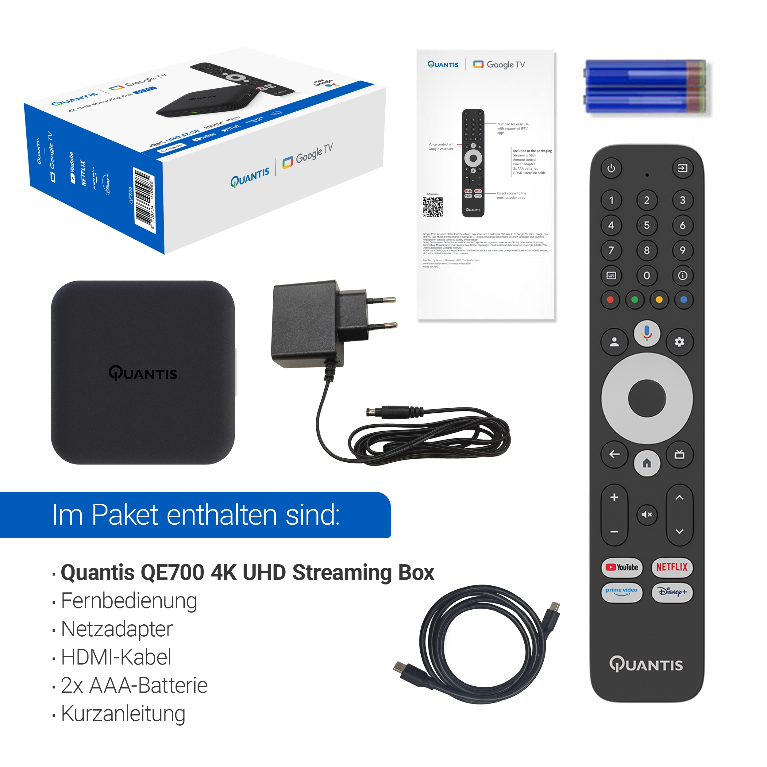 Een Quantis-apparaatdoos, afstandsbediening, kabels en accessoires. De doos is gelabeld Quantis Google TV.