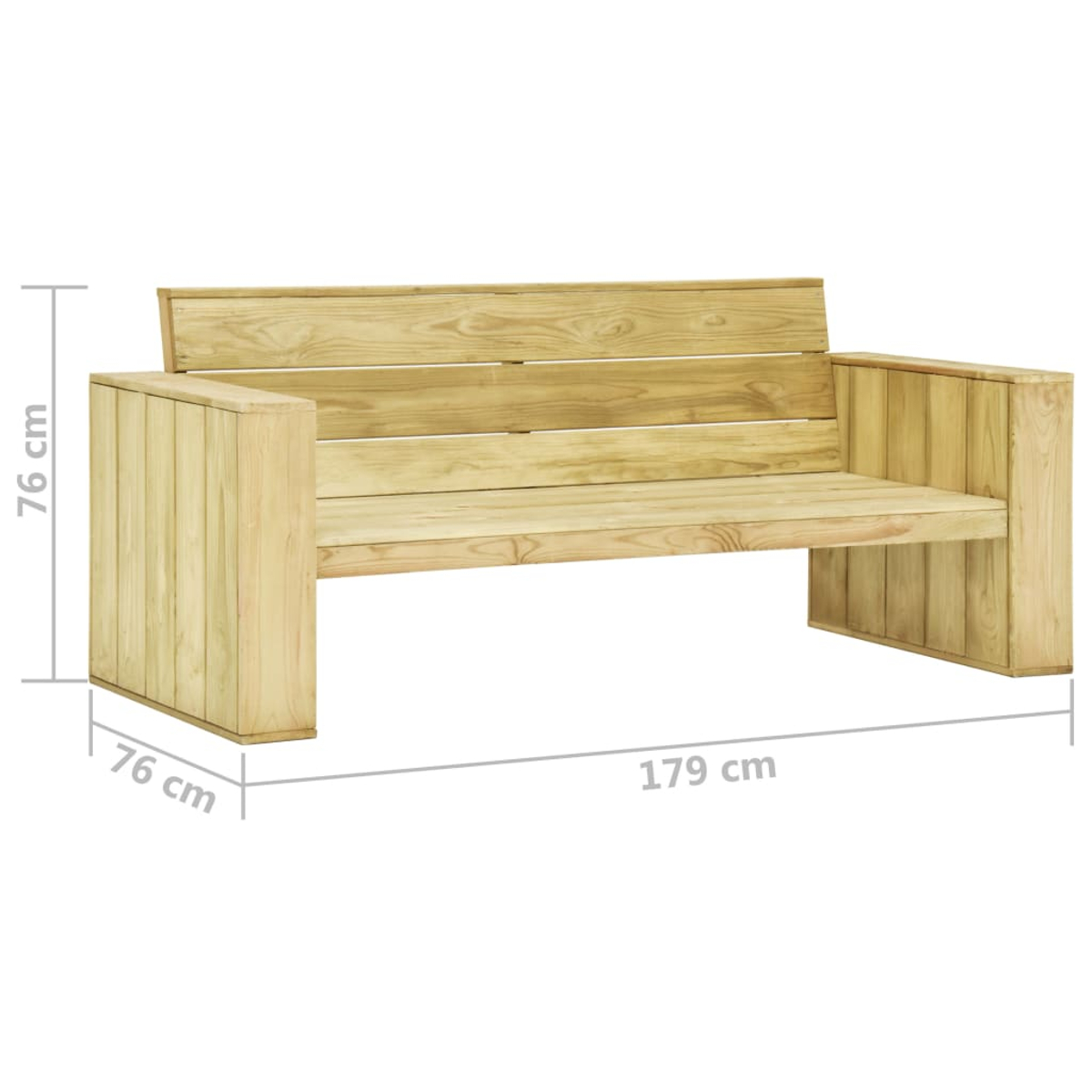Holzbank mit Armlehnen, Maße 179x76x76 cm. Naturholzfarbe, für den Außenbereich konzipiert.
