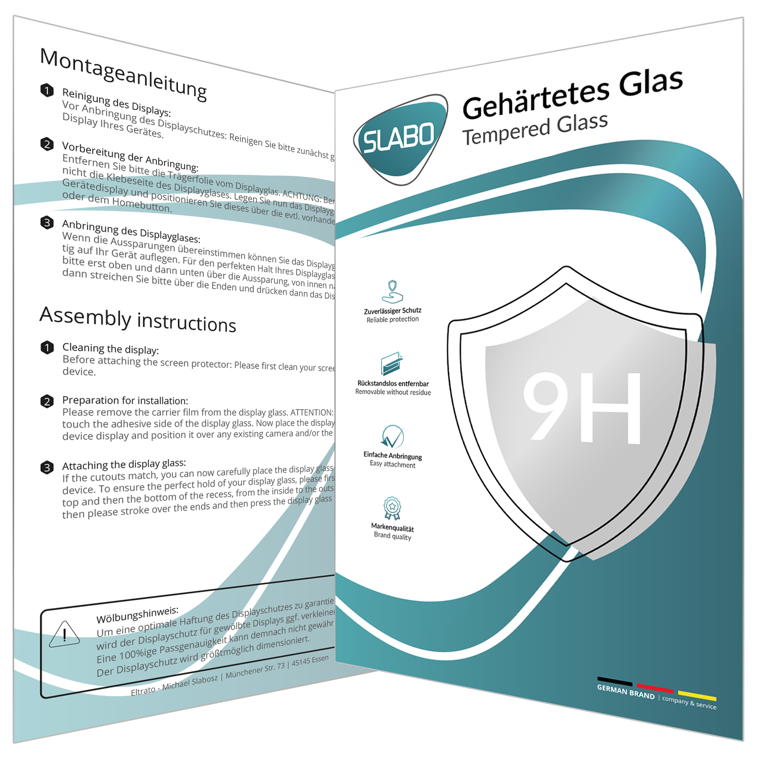 Displayschutzfolie aus gehärtetem Glas. Textanweisungen und eine Schildgrafik mit '9H' auf weißem und blauem Hintergrund.