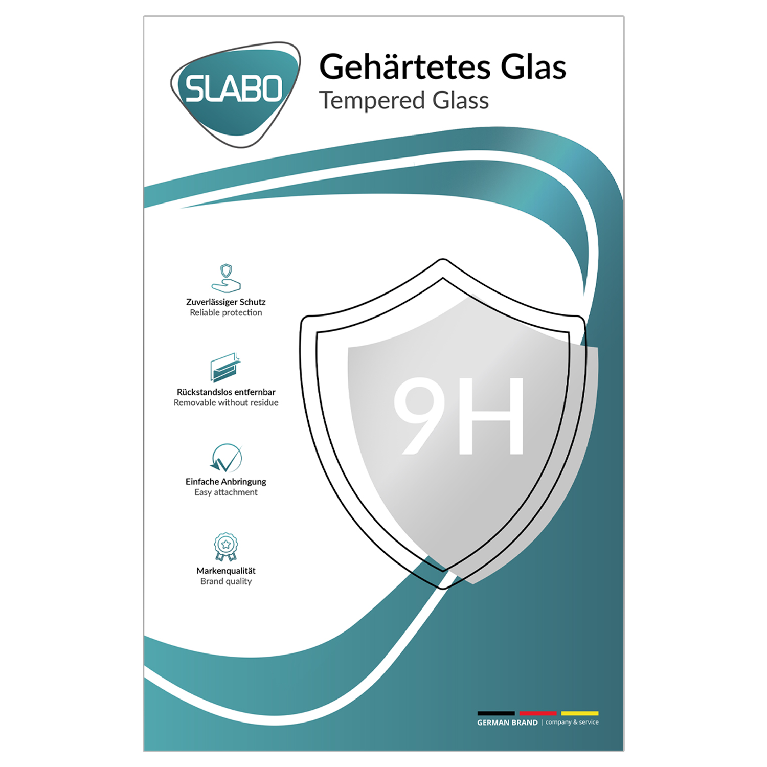 Verpackung für Displayschutzfolie aus gehärtetem Glas. Schildgrafik mit '9H' auf weißem und blauem Wellenhintergrund.