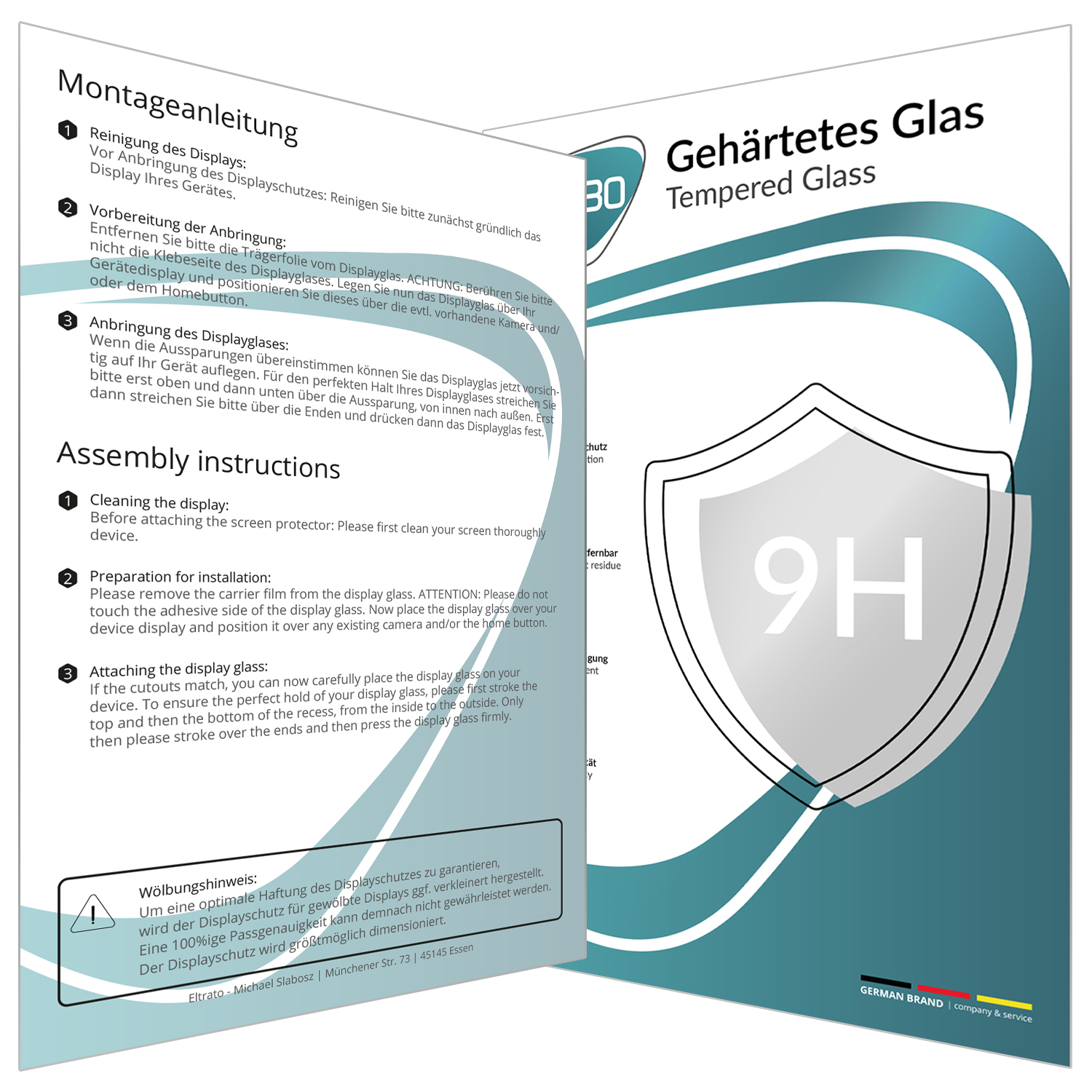 Verpackung für Displayschutzglas. Anleitung, 9H-Bewertung und Branding sind sichtbar.