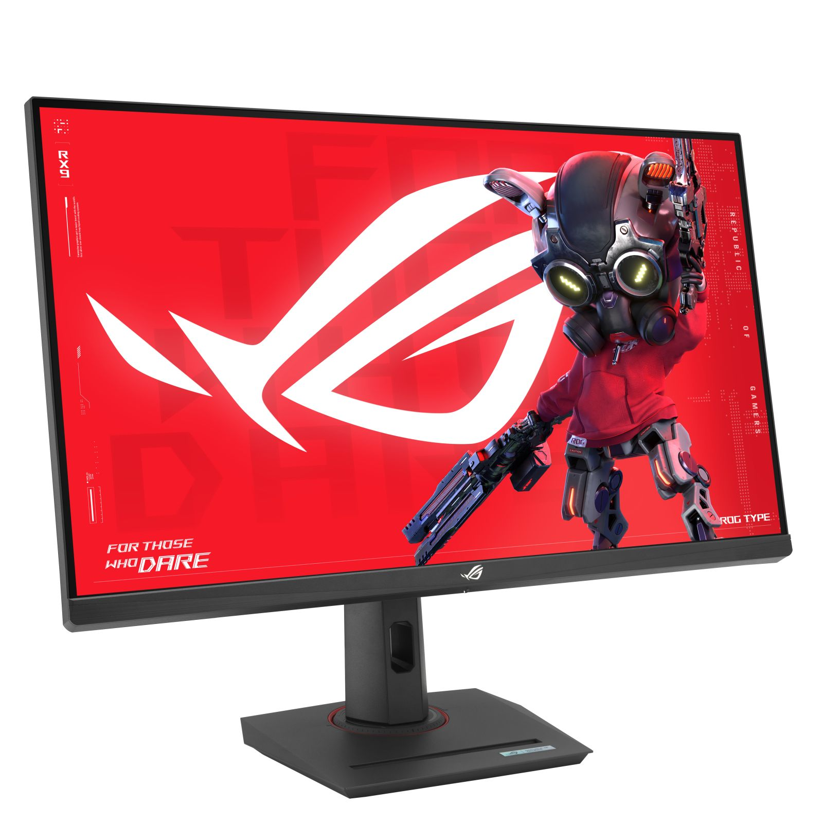 Monitor da gioco angolato. Schermo con robot con arma, su sfondo rosso ROG.