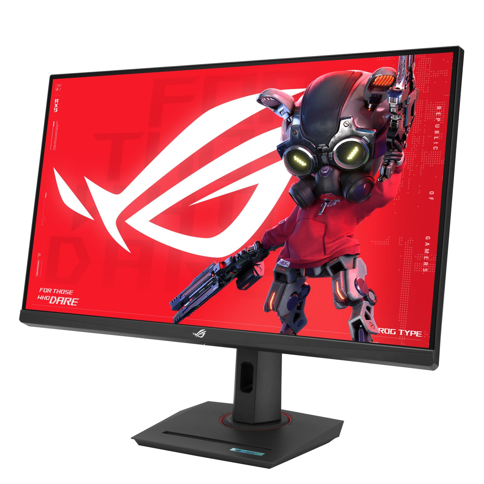 Monitor da gioco angolato. Schermo con robot con arma, su sfondo rosso ROG.