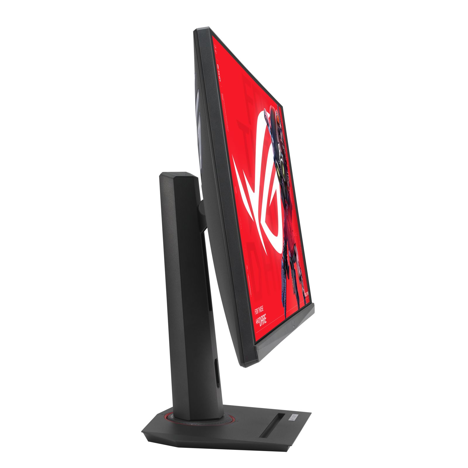 Un monitor di computer nero con uno schermo rosso che mostra un'immagine. Il monitor è inclinato verso destra su un supporto nero.
