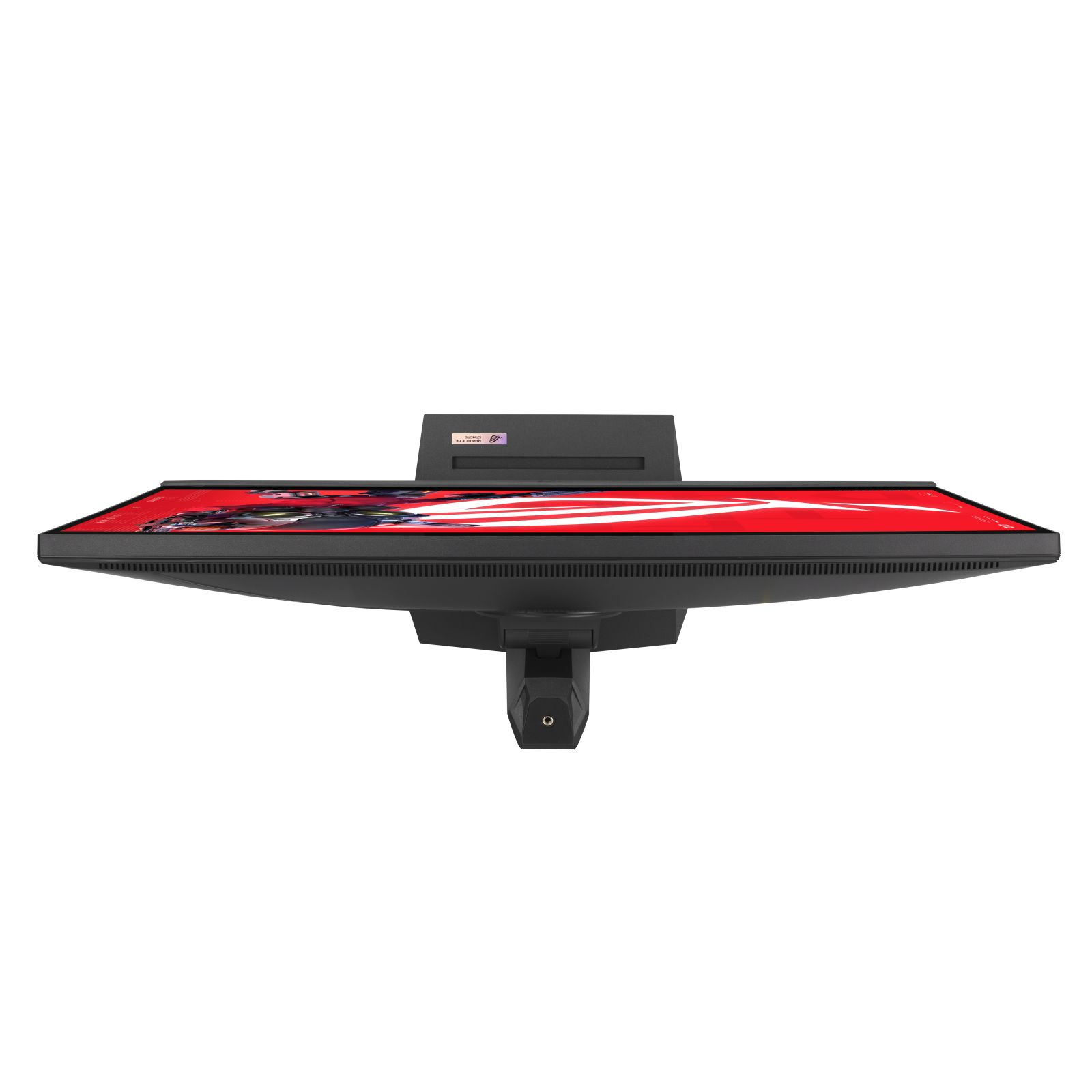 Vista dall'alto del monitor. Cornice, supporto e base neri. Logo ROG rosso e personaggio di gioco sullo schermo.