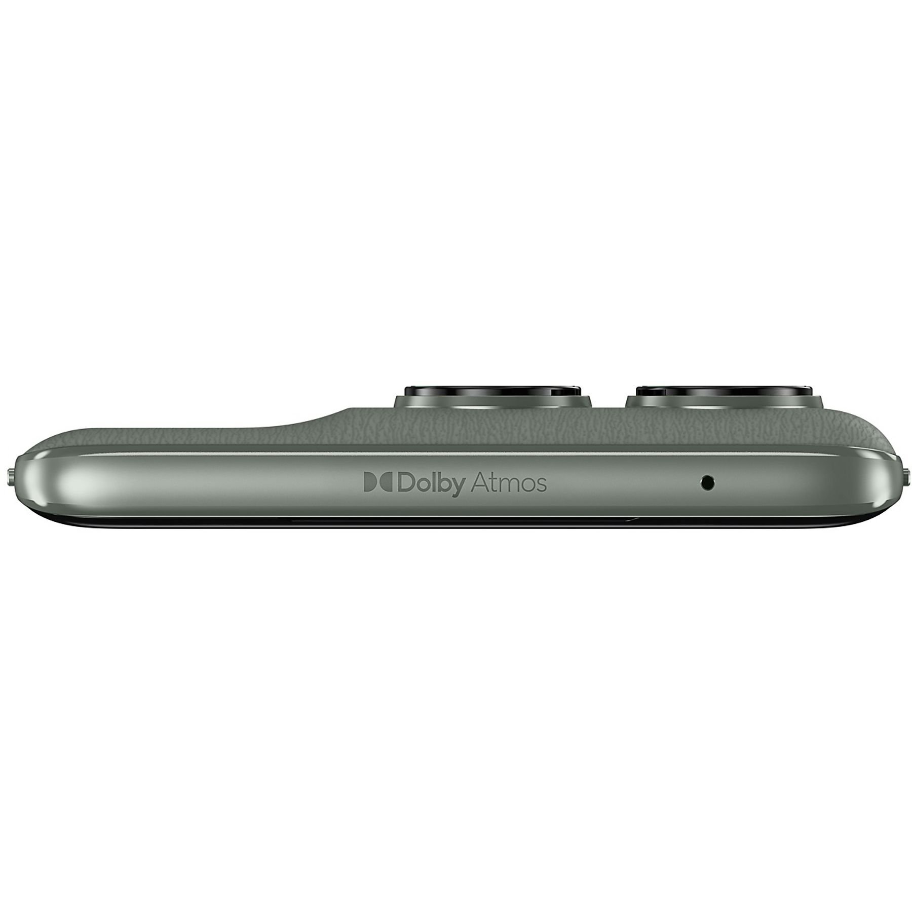 Vista lateral de un teléfono inteligente verde con dos lentes de cámara, un logotipo Dolby Atmos y un pequeño agujero.