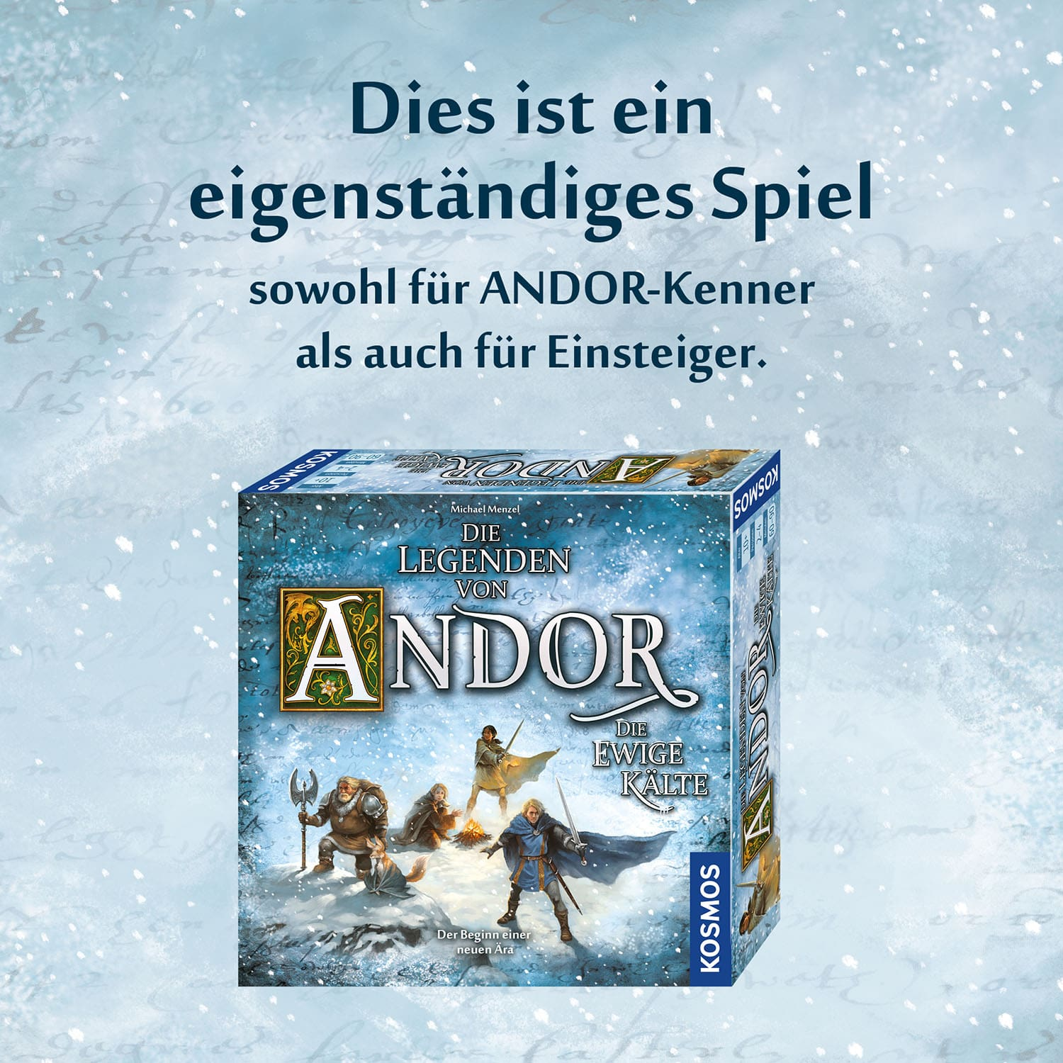 Brettspielbox mit Text und Illustrationen auf blauem Hintergrund.