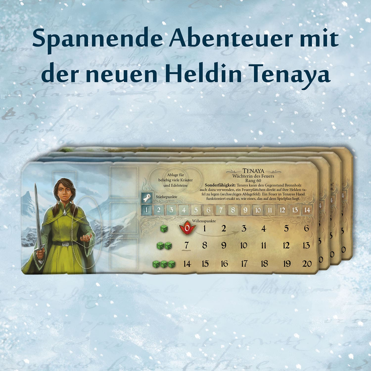Spielkarten mit Text und Illustrationen, ein Brettspiel und weißer Hintergrund.