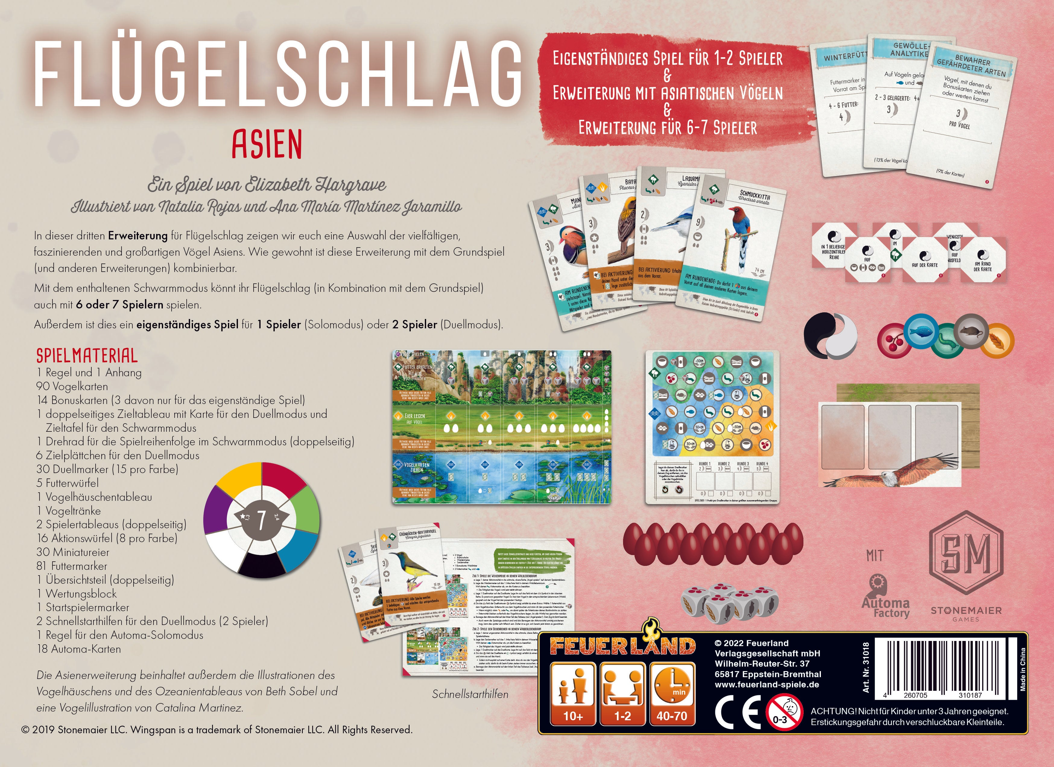 Caja de juego de mesa con el título 'Flügelschlag Asien' e ilustraciones de pájaros y componentes del juego.