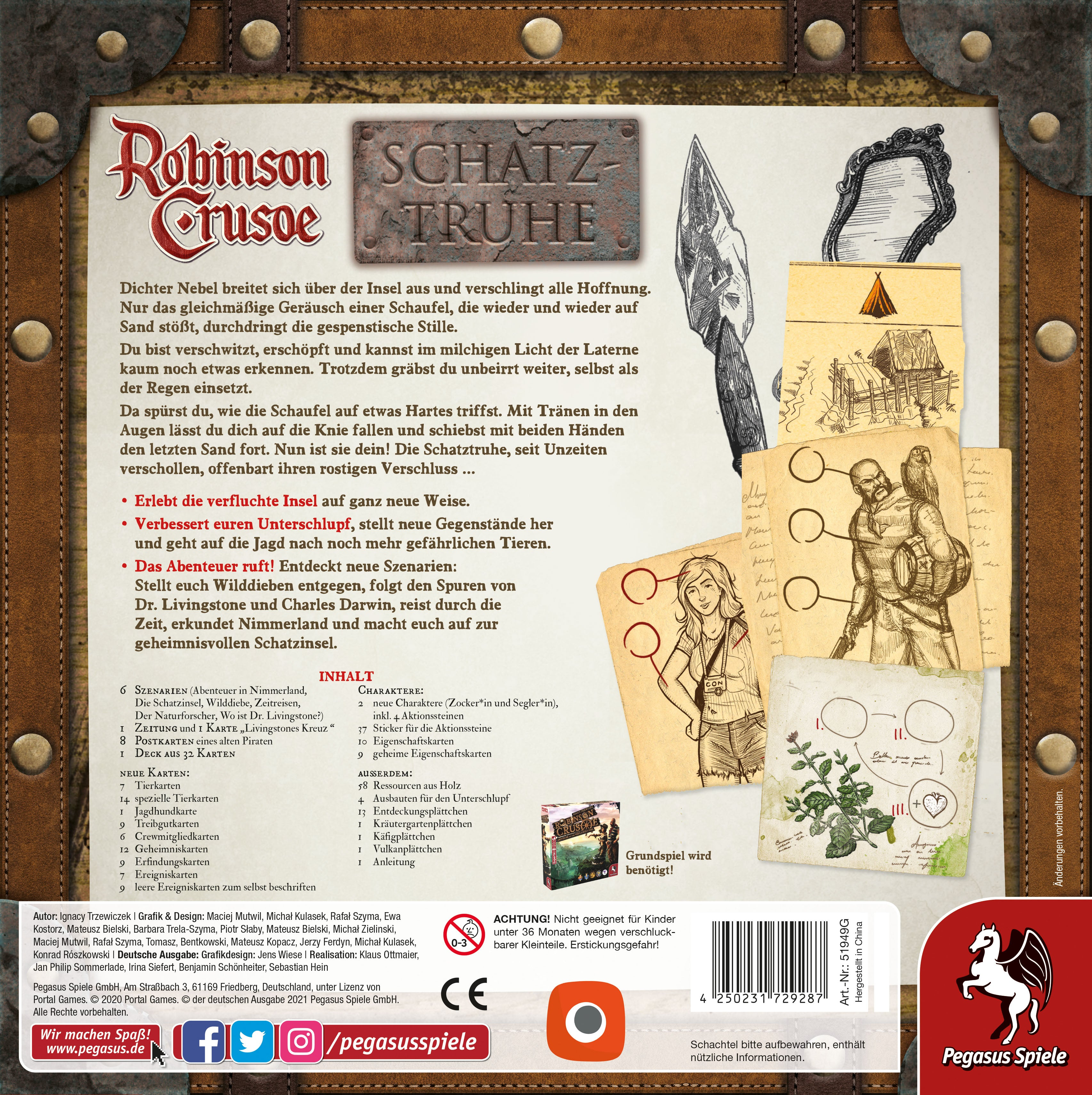 Die Rückseite der 'Robinson Crusoe' Brettspielbox mit Text und Illustrationen des Spielinhalts.