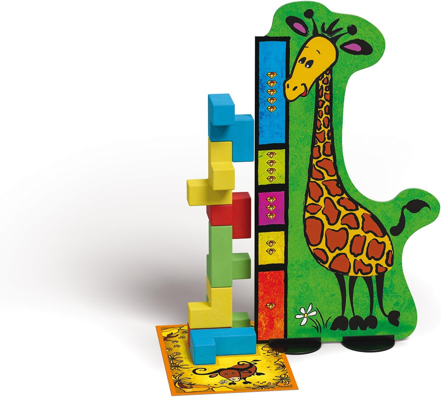 Ein Holzspiel in Giraffenform mit farbigen Blöcken, die gestapelt werden, und einer Karte.