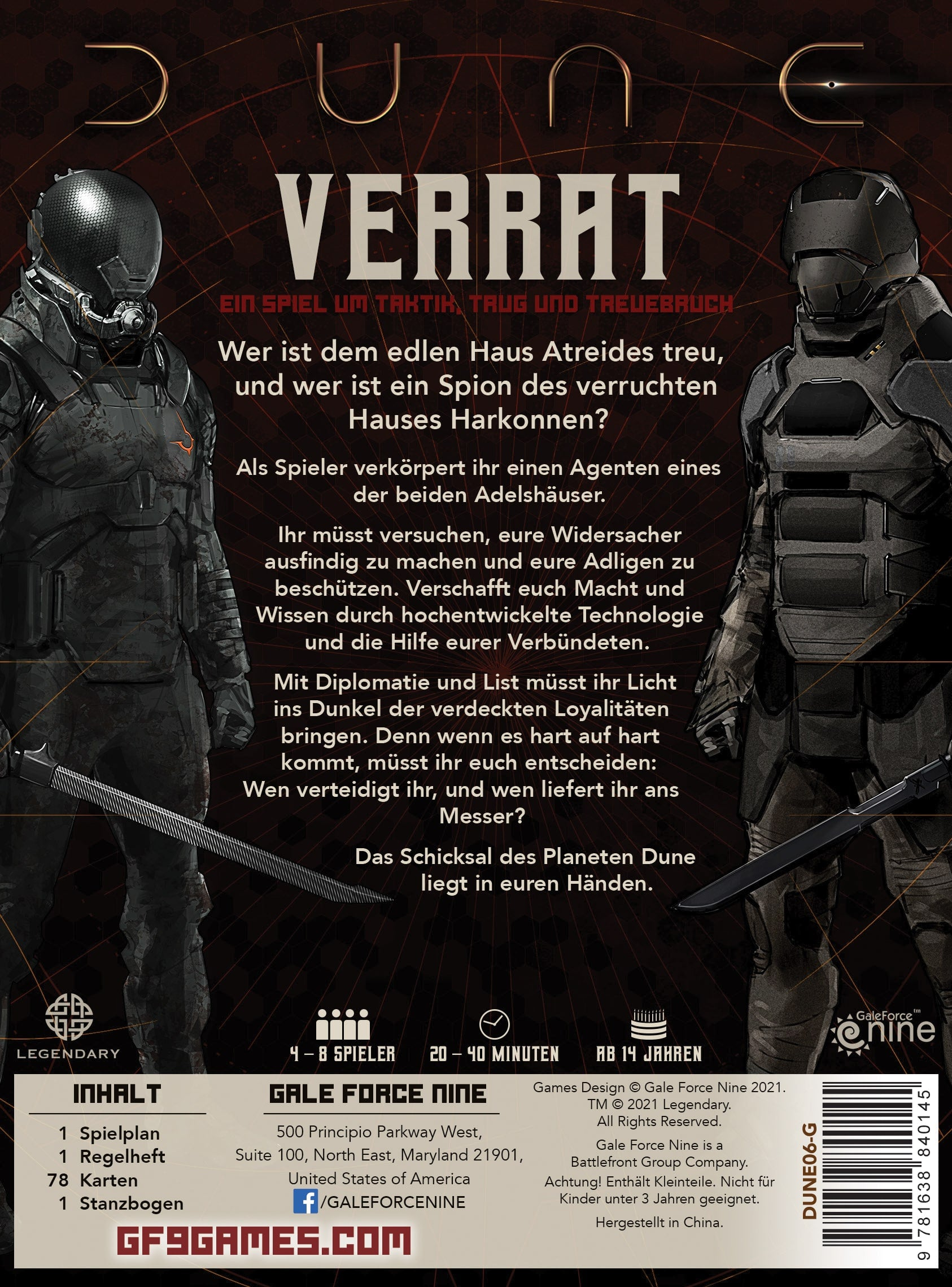 Die Rückseite der 'Dune: Verrat' Brettspielbox mit Illustrationen von zwei Figuren in futuristischer Rüstung.