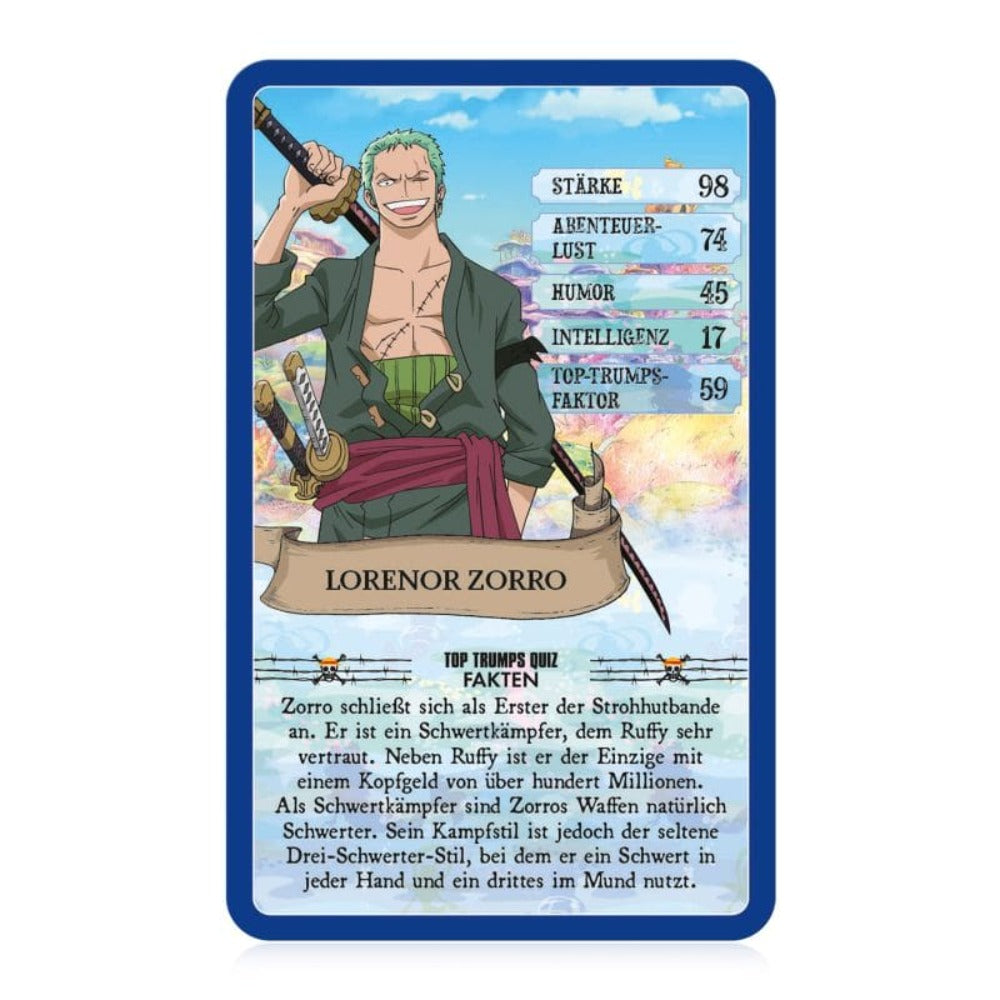 Eine Spielkarte mit einem Anime-Charakter, der Schwerter hält. Statistiken und Text sind auf der Karte aufgeführt.