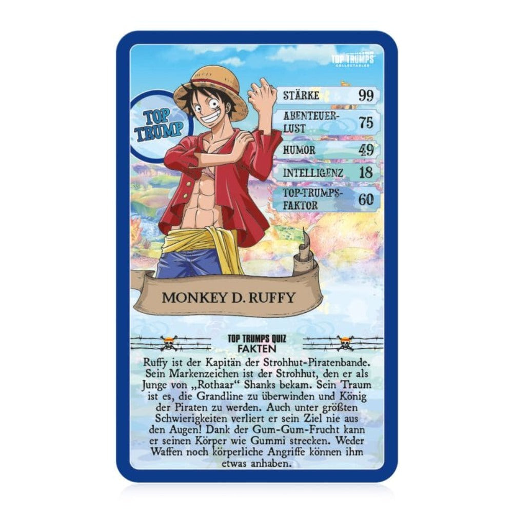 Eine One Piece-Karte mit Ruffy. Sie zeigt seine Werte und eine Beschreibung über ihn.