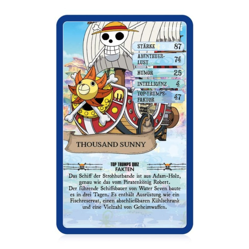 Eine One Piece-Karte mit dem Schiff Thousand Sunny, mit Werten und Beschreibungen.