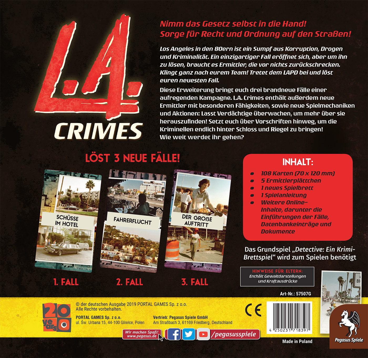 Schachtelkunst für das Brettspiel L.A. Crimes, mit Komponenten und Text.