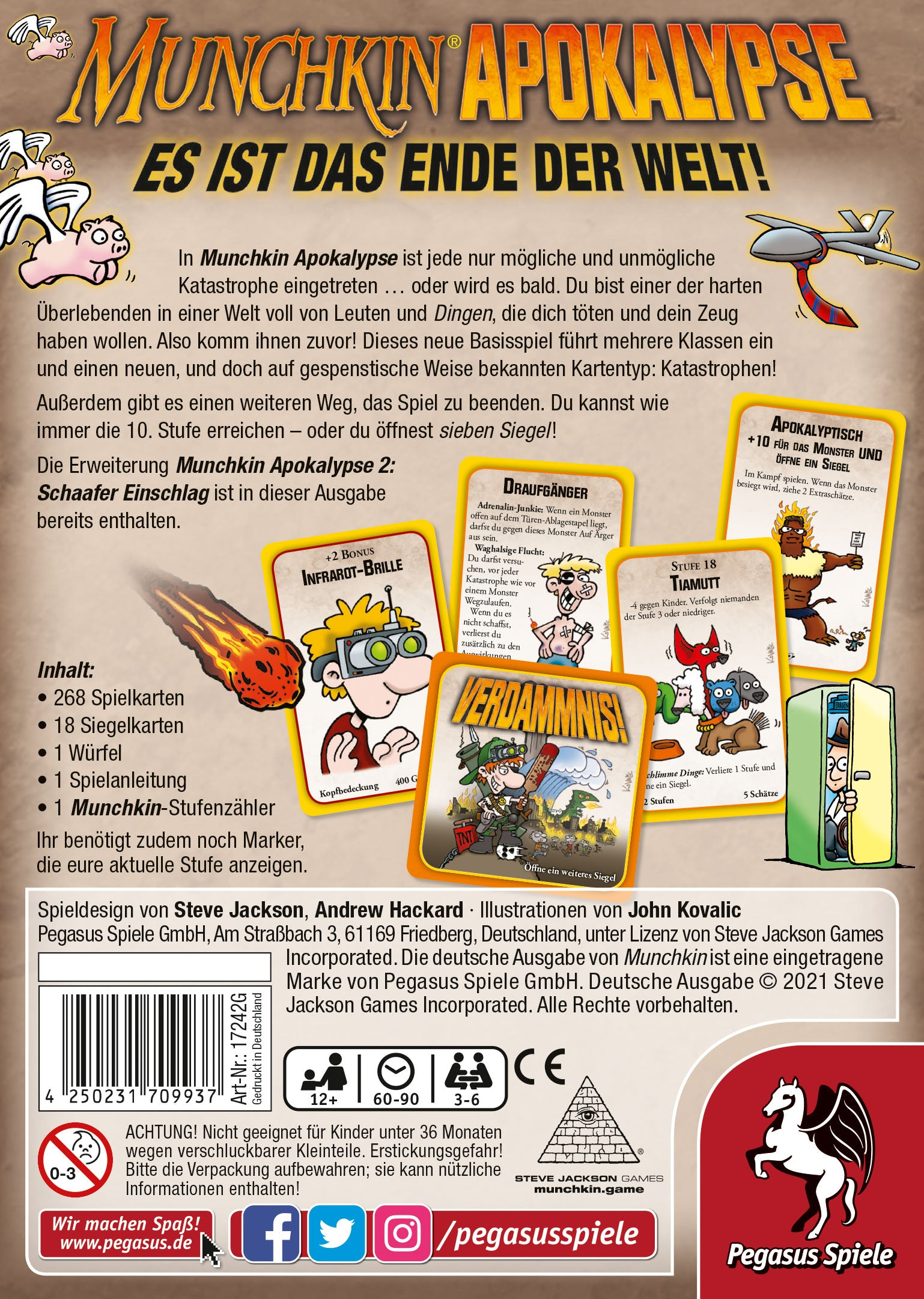 Spielbox-Rückseite mit Text und Bildern, mit einem Fantasy-Monster-Thema.