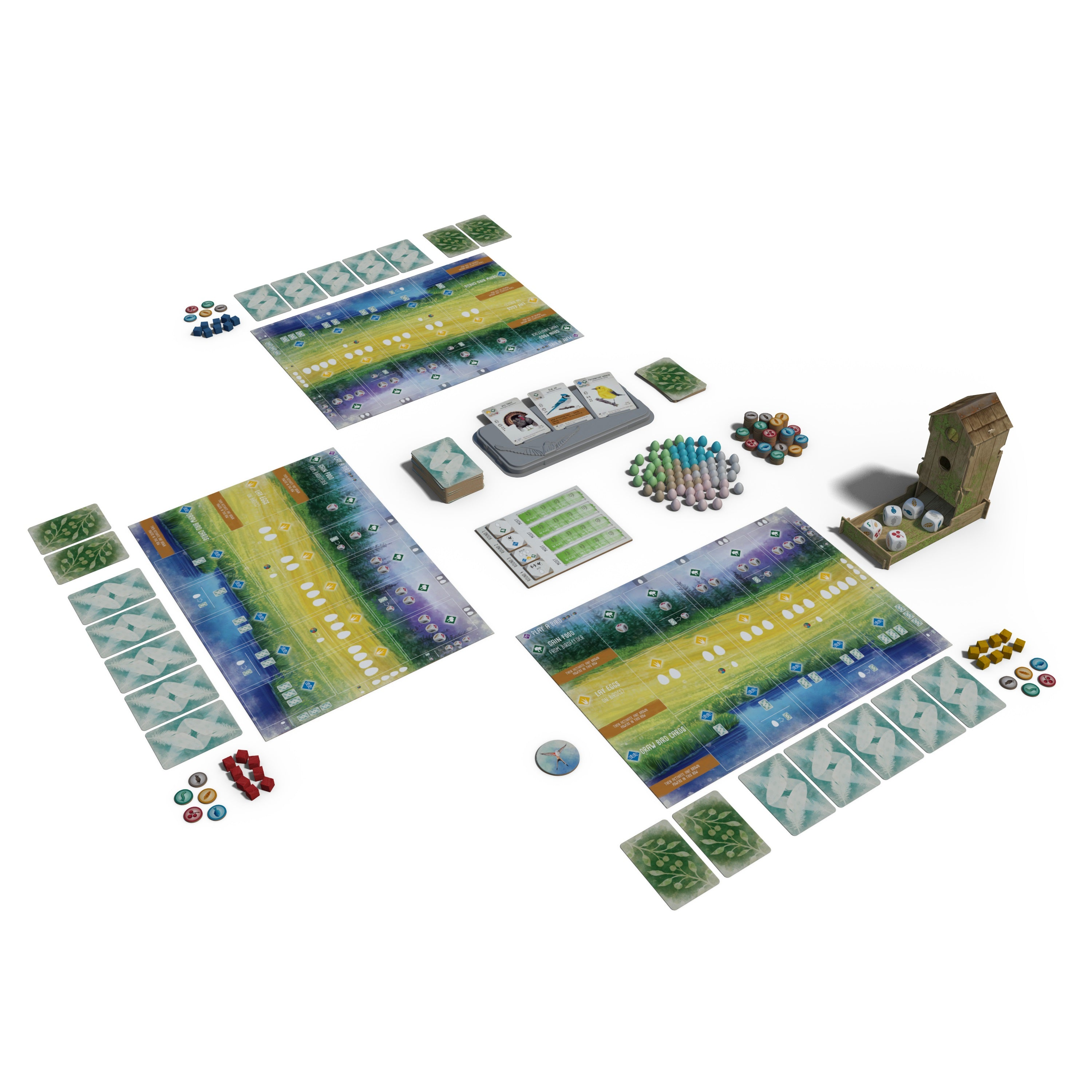 Componenti del gioco sparsi. Tabelloni, carte, dadi e vari pezzi del gioco sono visibili.