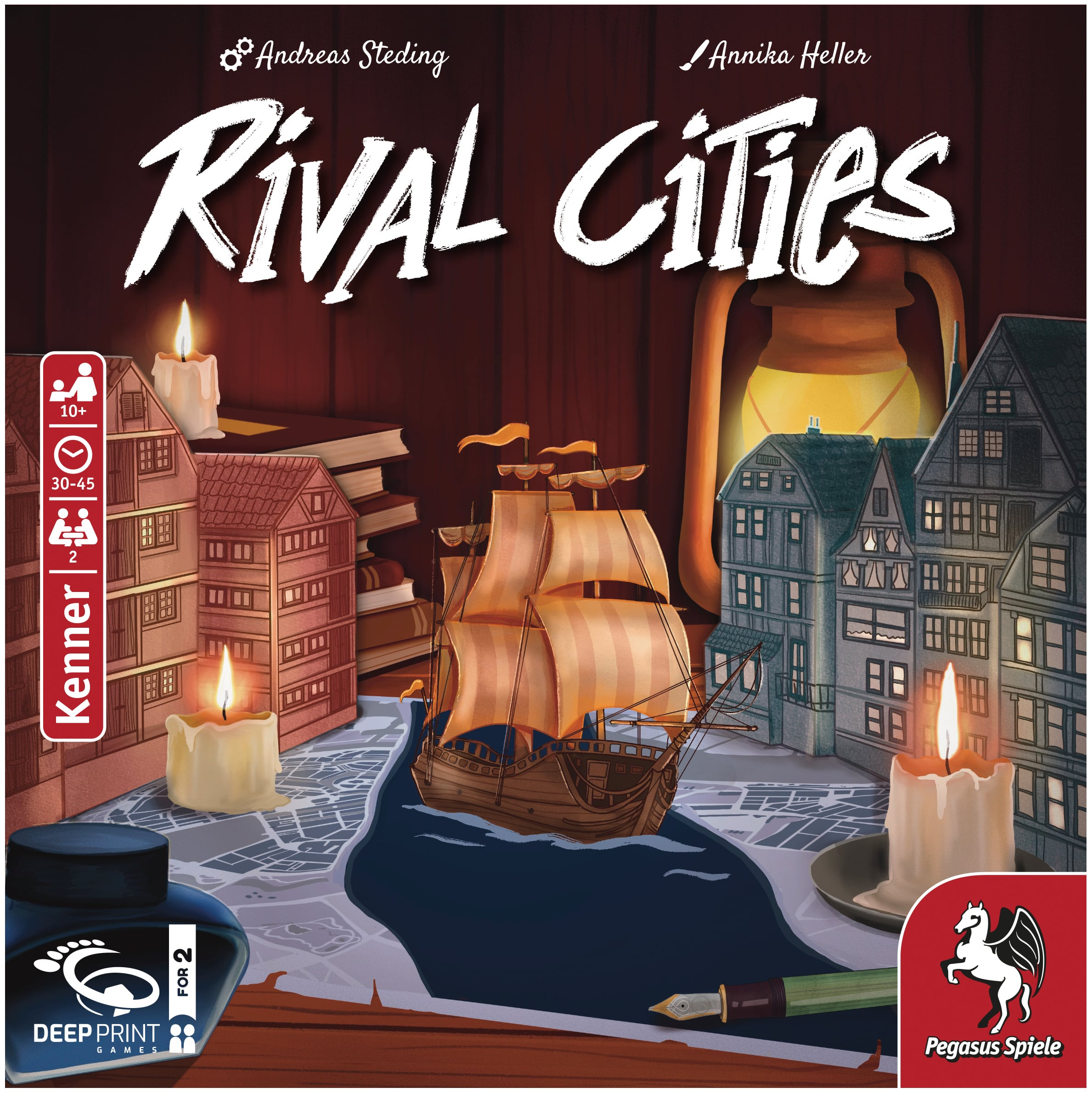 Illustrazione della scatola del gioco da tavolo Rival Cities. Presenta una nave sull'acqua di fronte a edifici illuminati da candele.