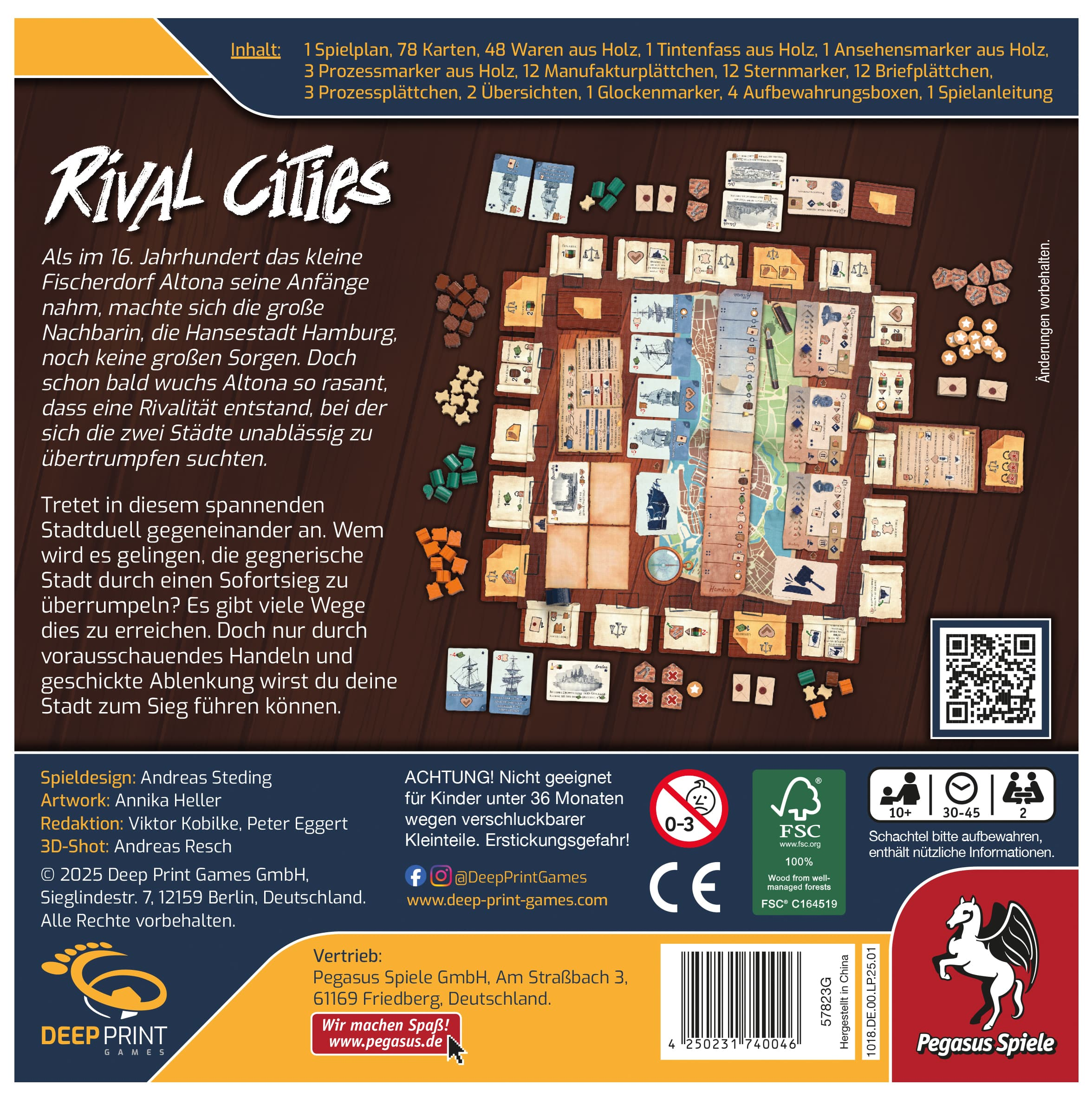 Retro di una scatola del gioco da tavolo Rival Cities. Mostra i componenti del gioco, le illustrazioni della città e le informazioni.