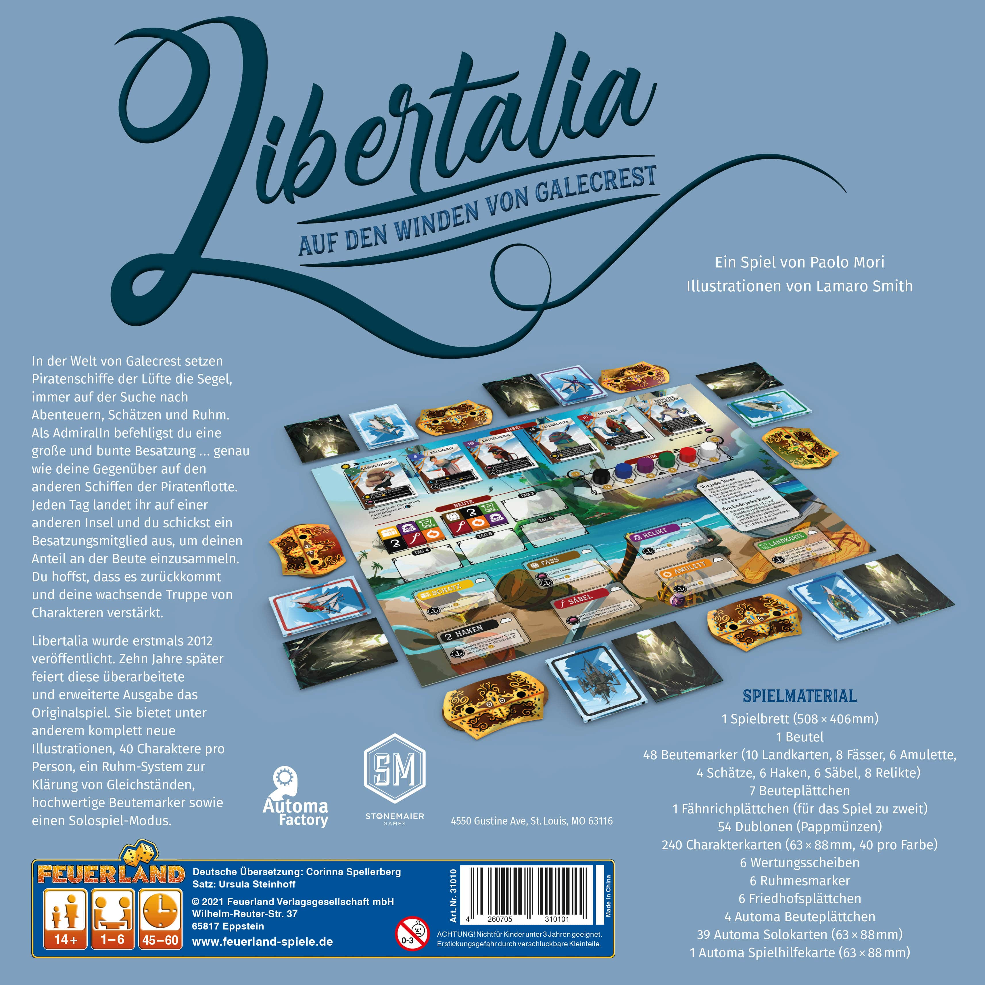 Box-Art des Libertalia-Brettspiels. Zeigt das Spielbrett, Piratenschiffe und Spielkomponenten.
