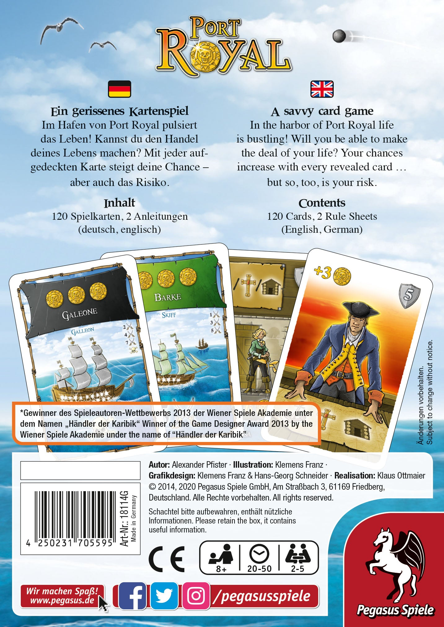 Rückseite einer Port Royal Kartenspielbox. Enthält Kartenkunst und Spielinformationen auf Deutsch und Englisch.
