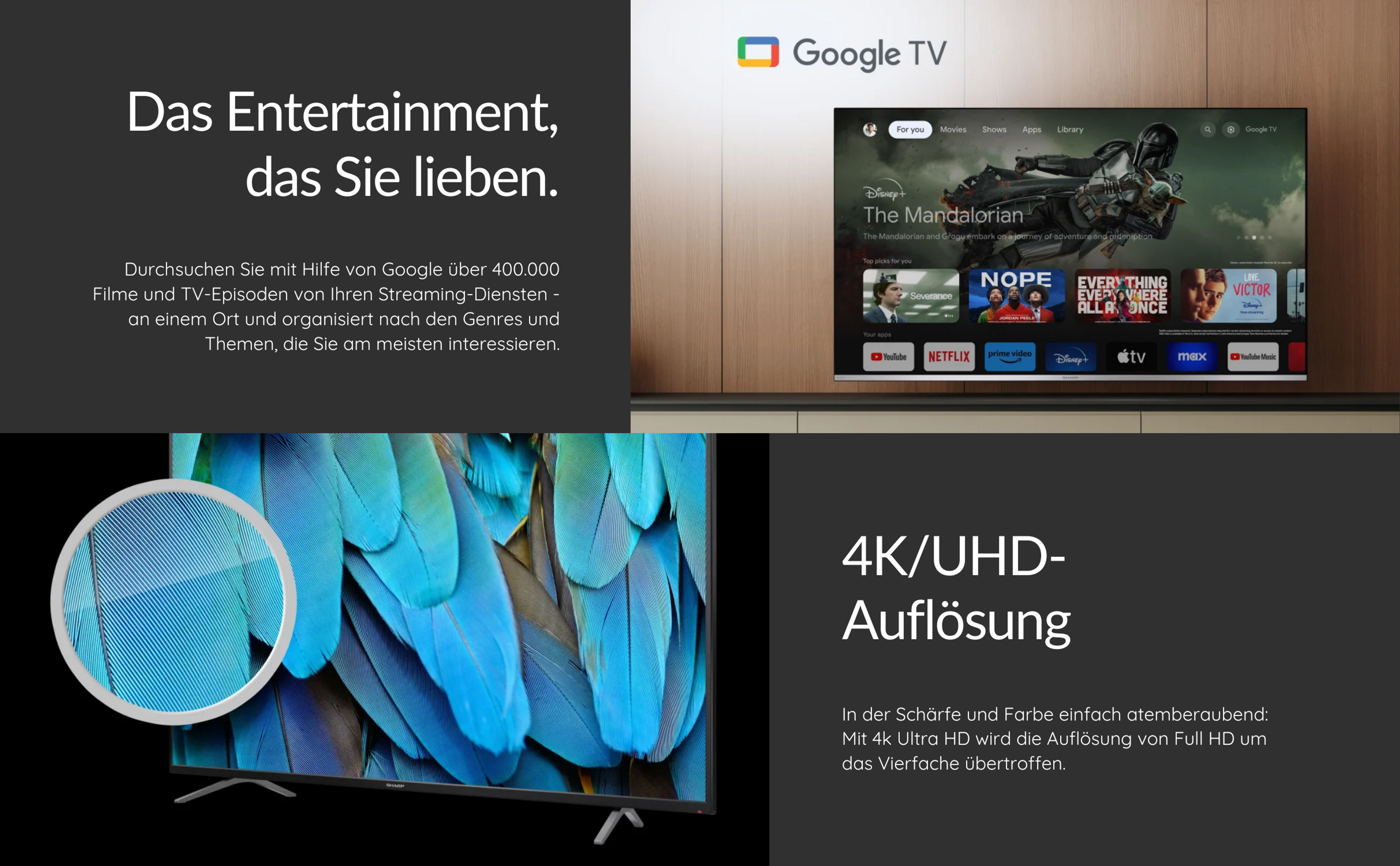 Ein Fernsehbildschirm zeigt eine Filmszene. Text-Overlay oben. Der Fernseher steht an einer Wand.