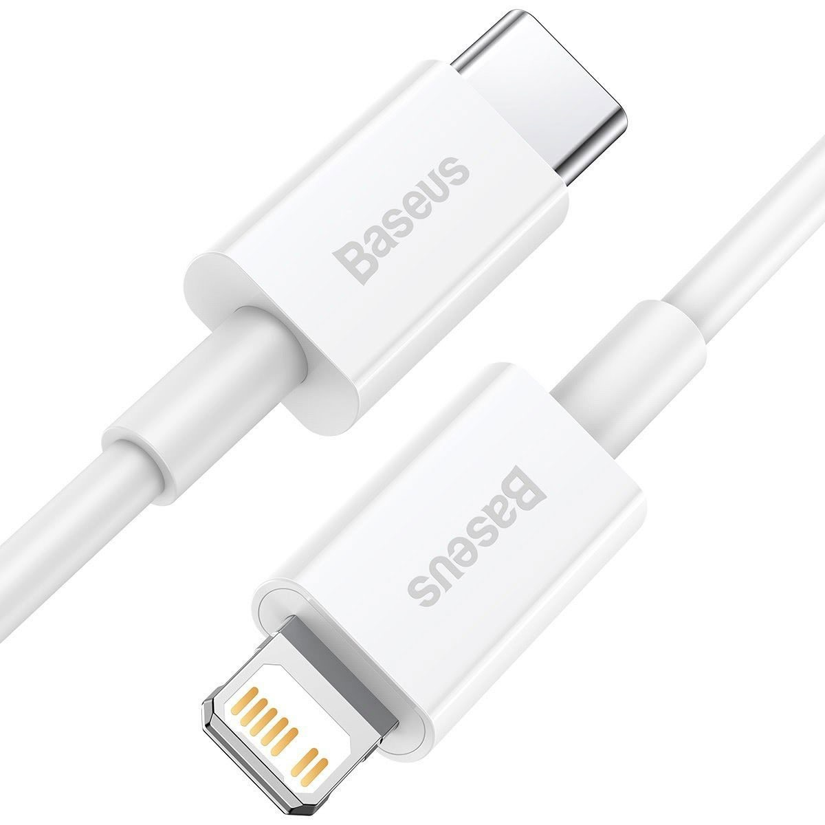 Un cavo di ricarica bianco con un connettore USB-C e un connettore Lightning. Il marchio 'Baseus' è visibile.